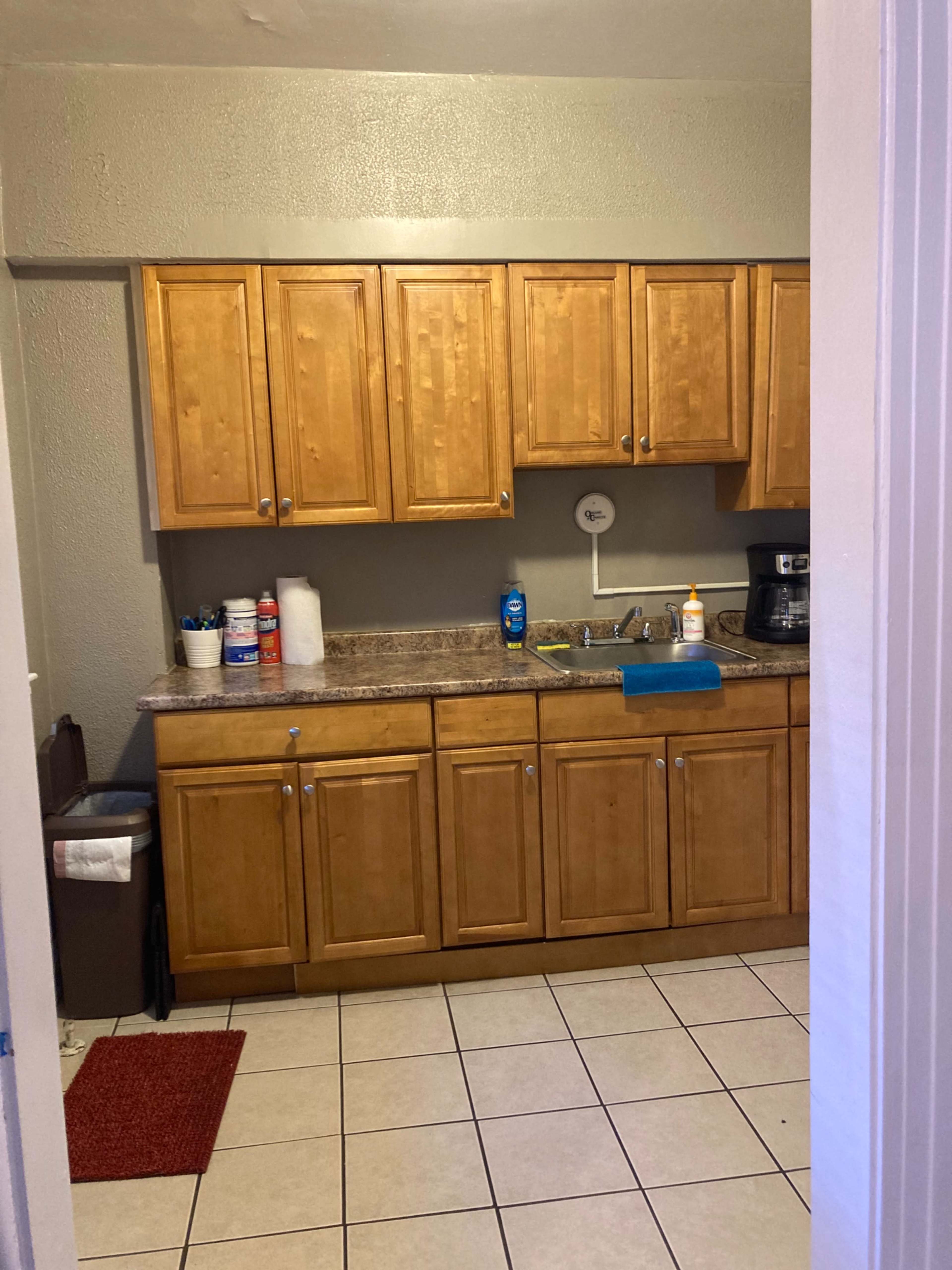 A kitchen with wooden cabinets, a countertop, and a sink, along with various cleaning supplies and a trash can.
