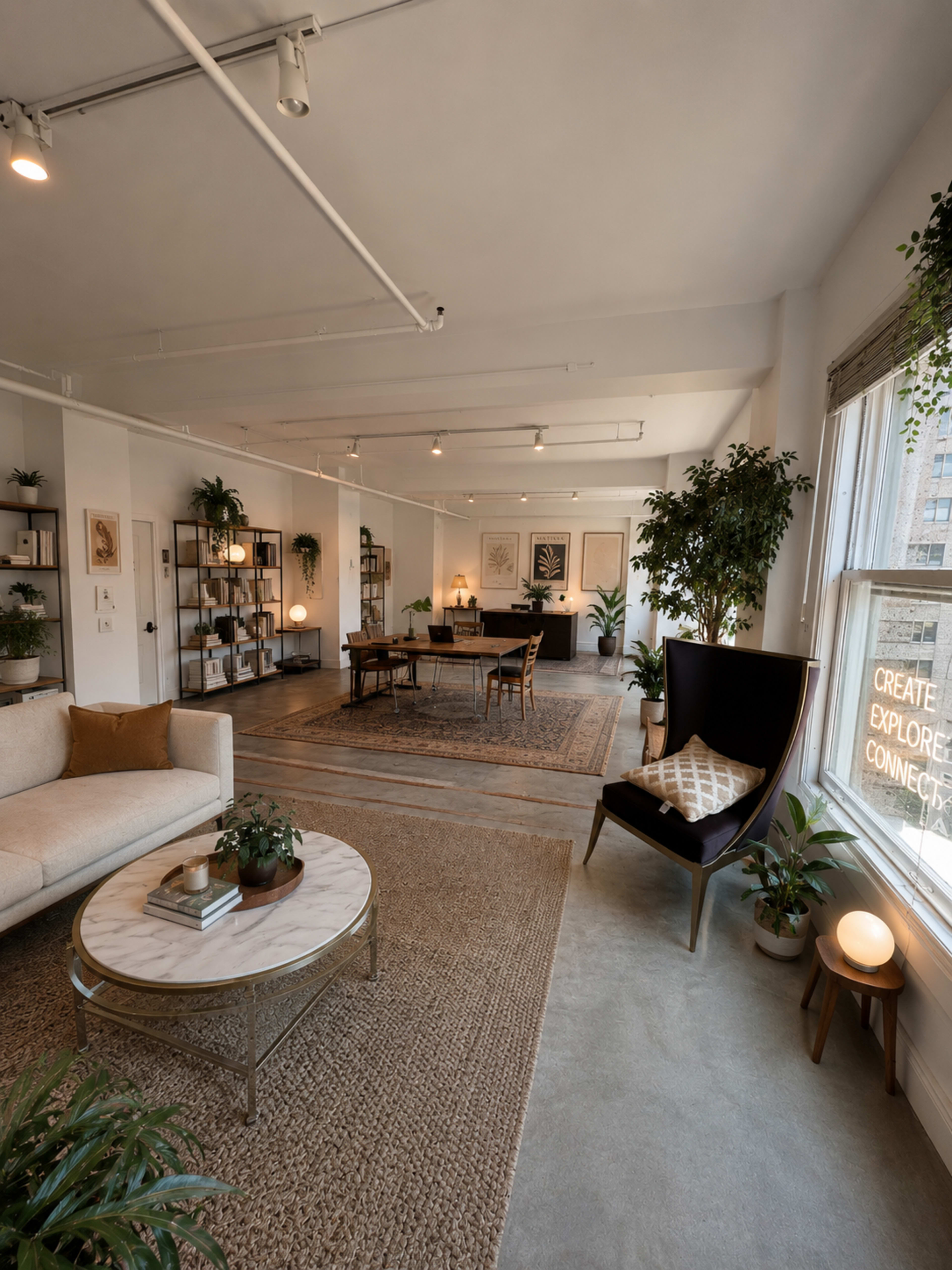 The image depicts a spacious, modern living area with a sofa, a coffee table, plants, and a dining area in the background, featuring bookshelves and a well-decorated aesthetic.