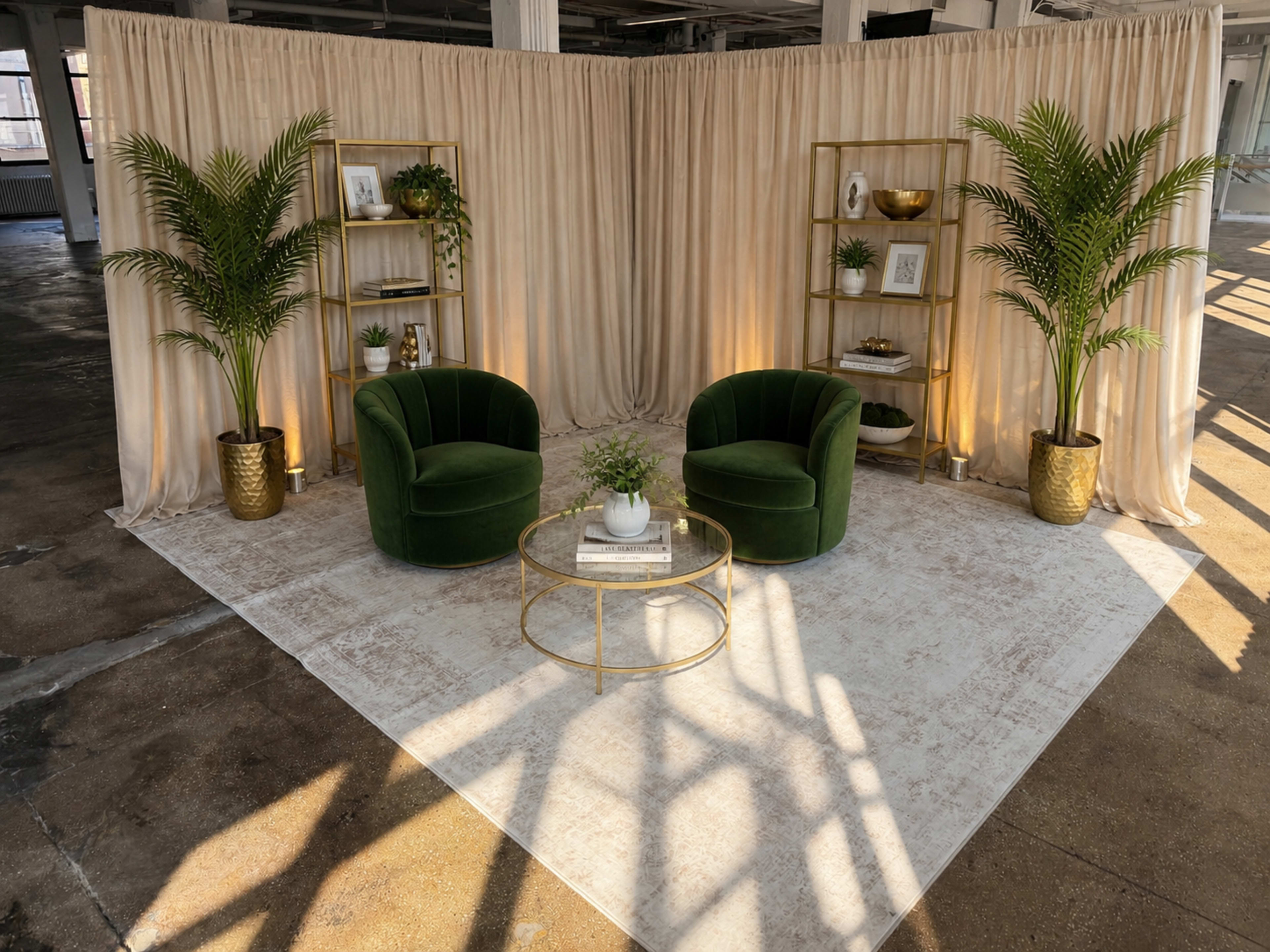 The image features a minimalist indoor setting with two green velvet chairs facing a circular gold coffee table, surrounded by tall potted plants and a beige curtain backdrop.