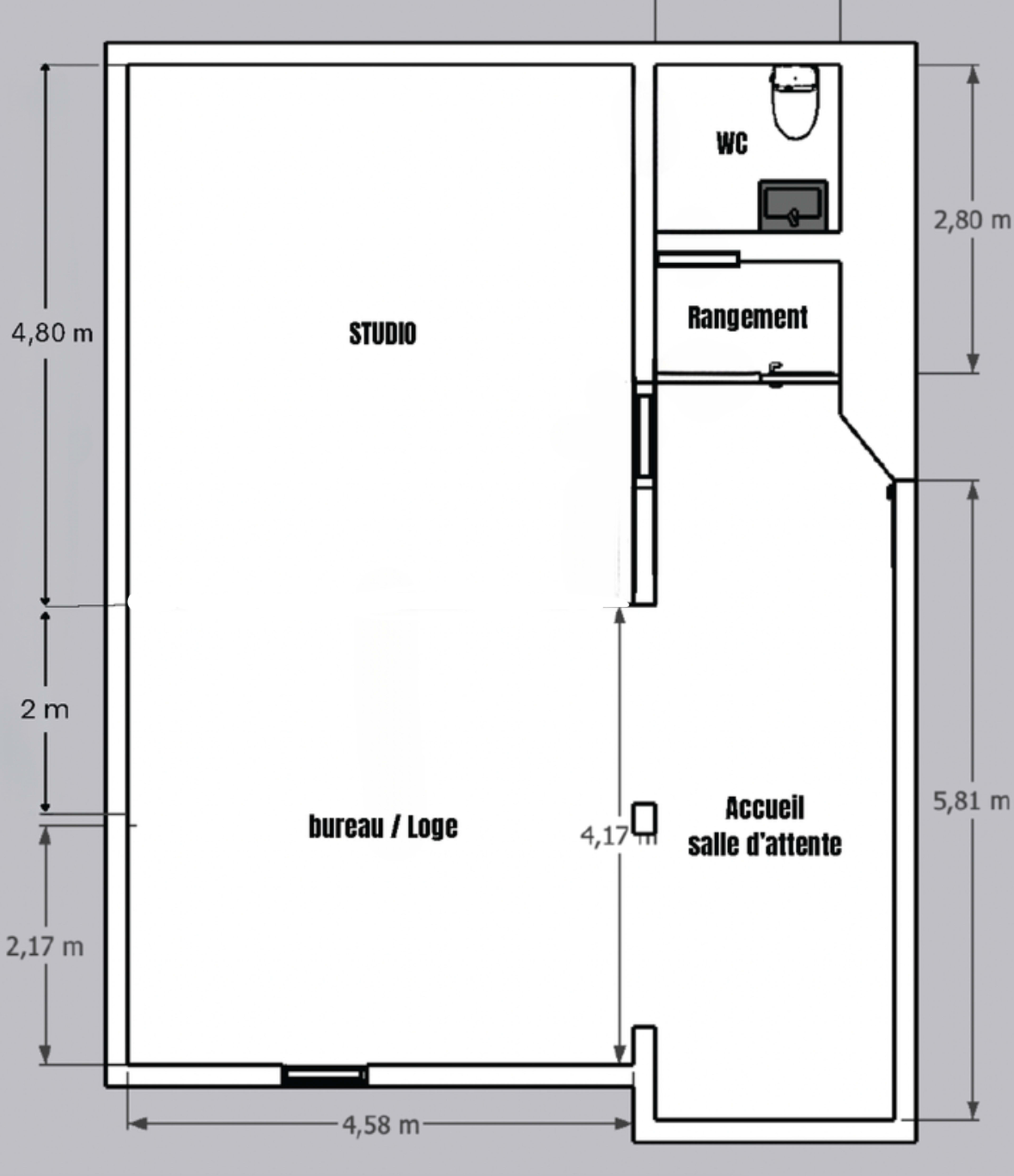 The image shows a floor plan with labeled rooms, including a studio, office space, storage, restroom, and waiting area, along with dimensions.
