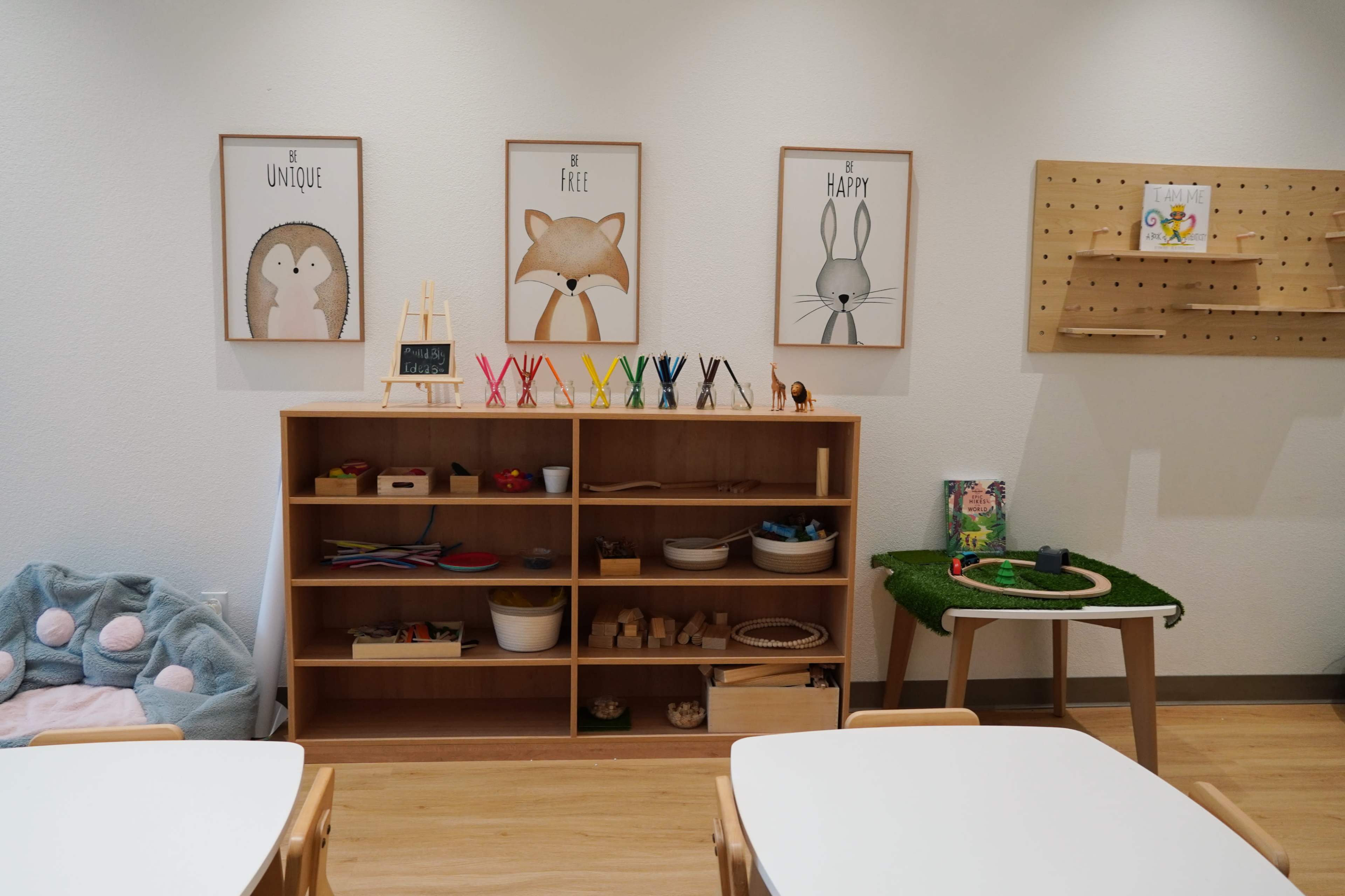 The image shows a classroom corner featuring a wooden shelf filled with various toys and art supplies, alongside three framed animal-themed posters on the wall.