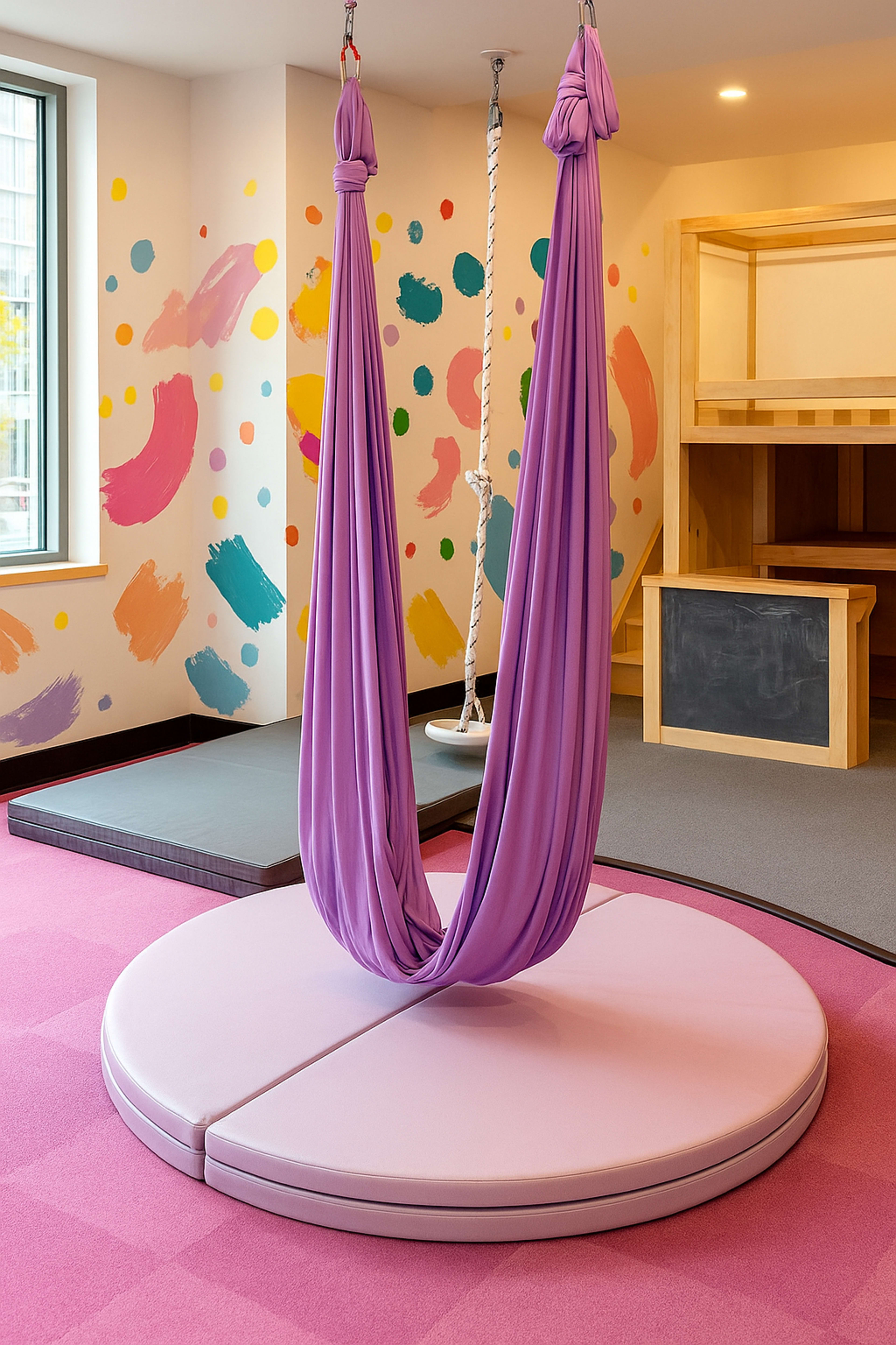 The image shows a colorful playroom featuring a purple aerial hammock suspended from the ceiling, surrounded by padded flooring and a play structure in the background.