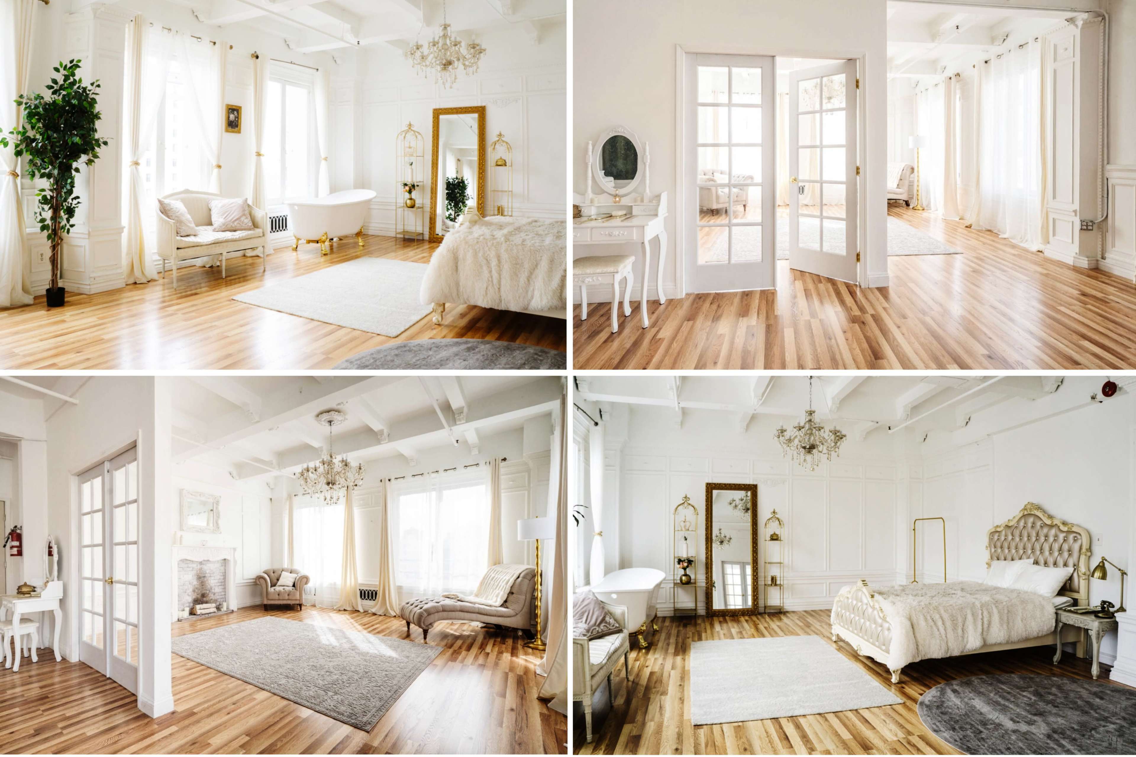 A bright and spacious room with wooden flooring, large windows, and a mix of elegant furniture pieces including a bed, a sofa, and a bathtub.