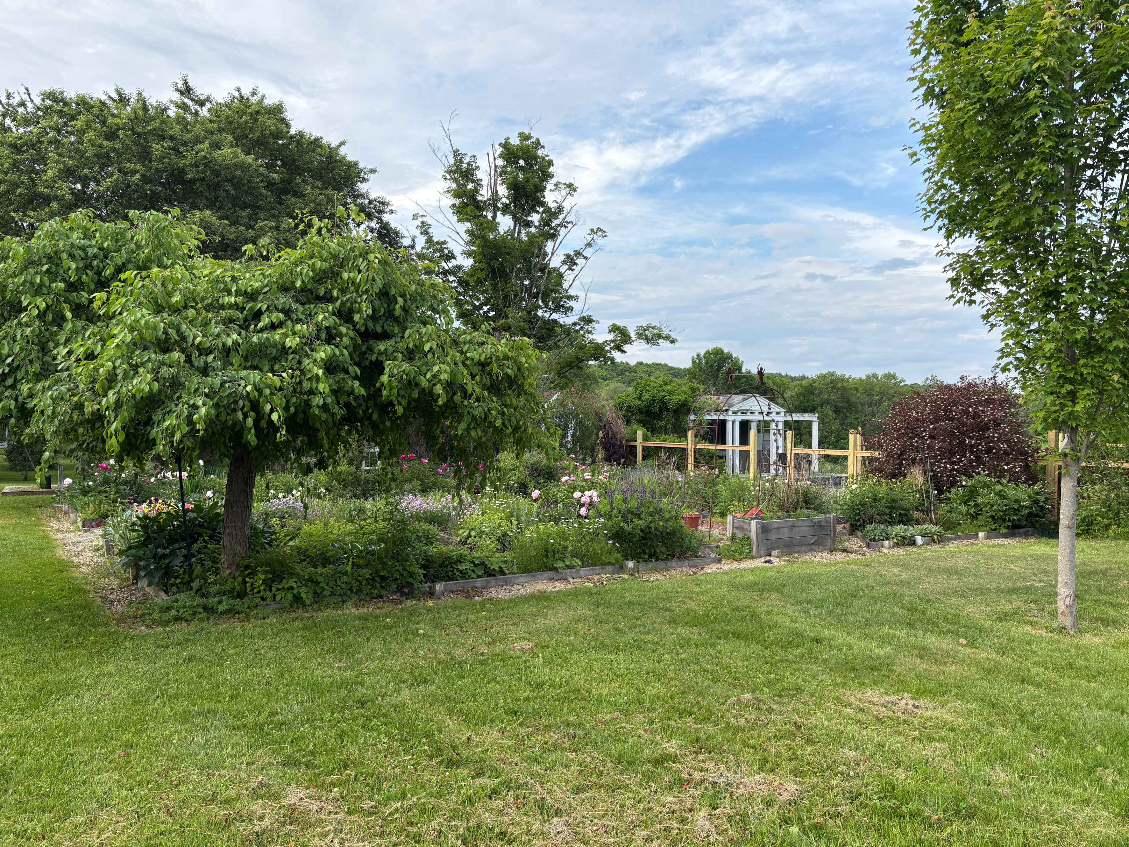 A lush garden features a variety of plants, surrounded by green grass, with a gazebo visible in the background.