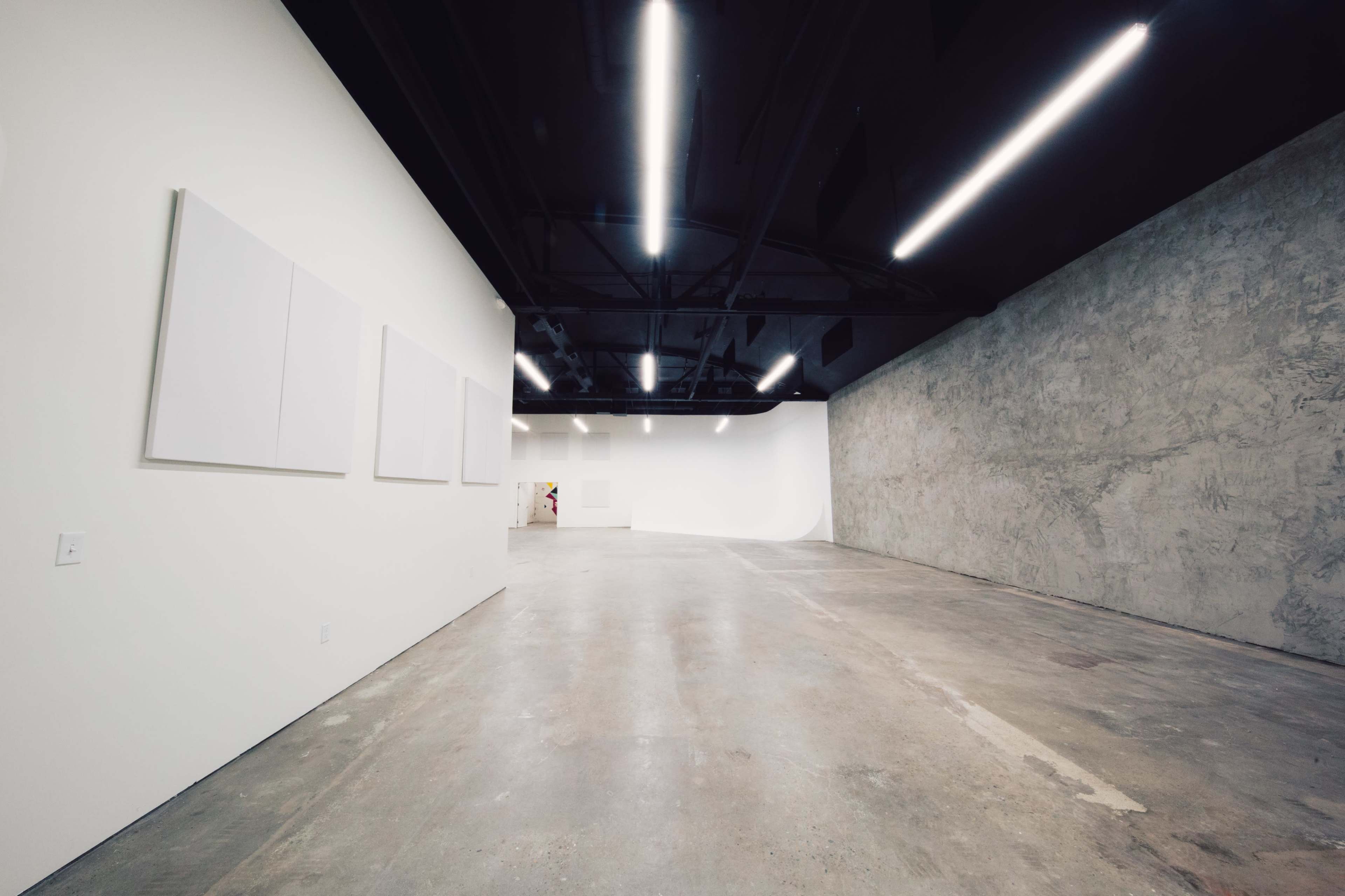 An empty modern art gallery featuring a concrete wall, a black ceiling with fluorescent lights, and several blank white canvases on the walls.