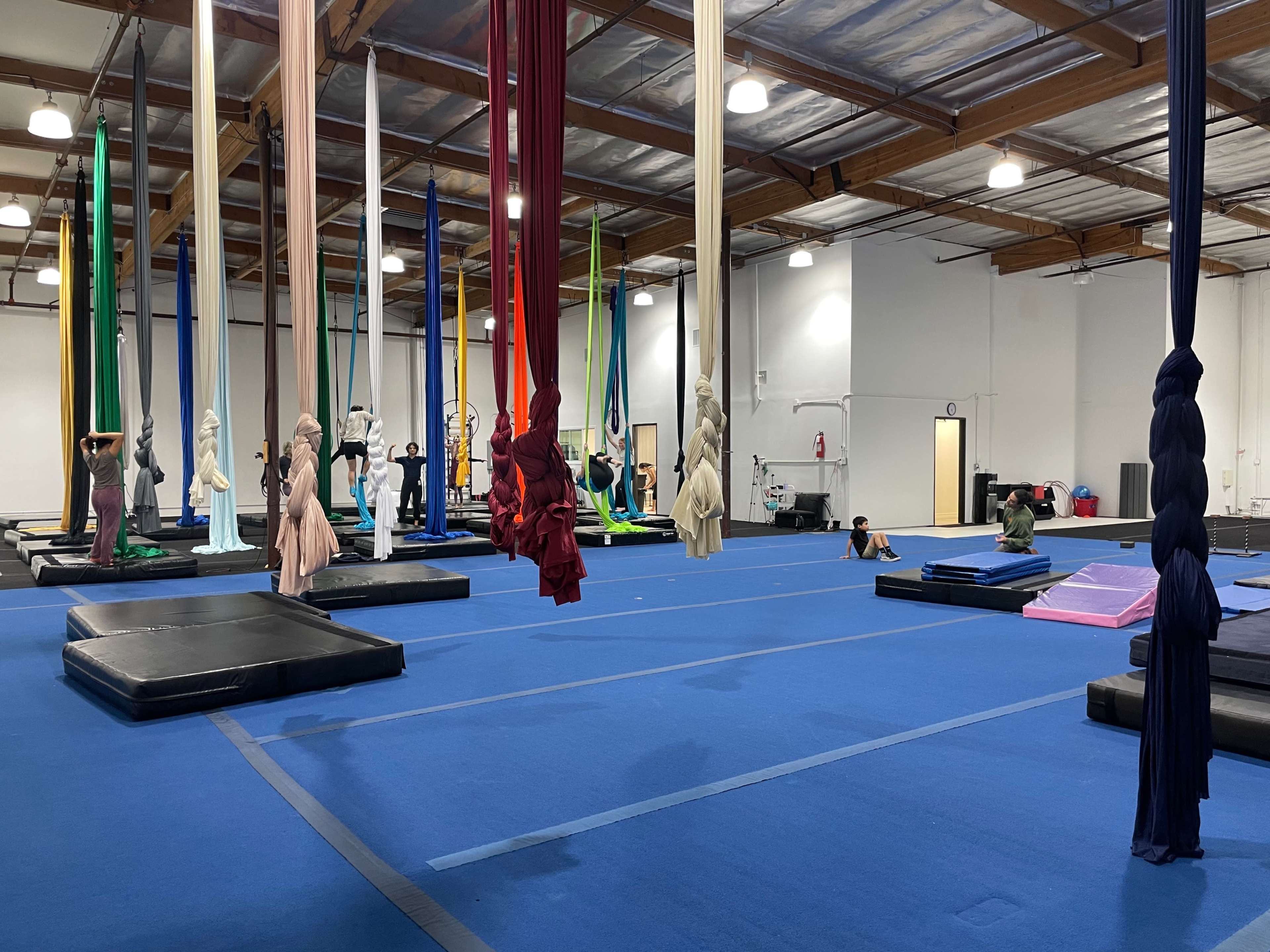 The photo shows an indoor gymnasium with aerial silks hanging from the ceiling and several individuals practicing on mats below.