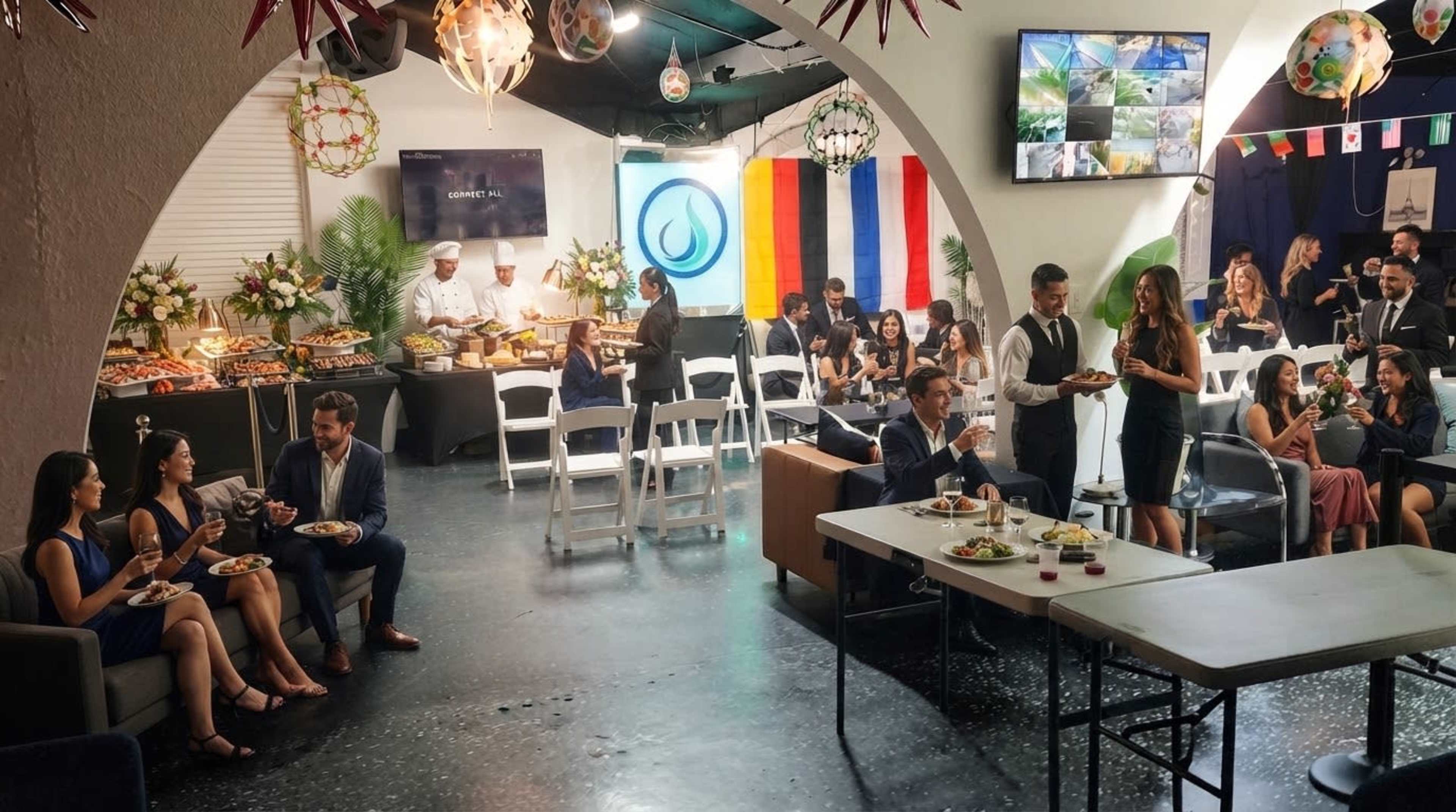 The image depicts a gathering in a decorated venue with guests dining and mingling, while a buffet table is set up alongside a kitchen area where chefs are preparing food.