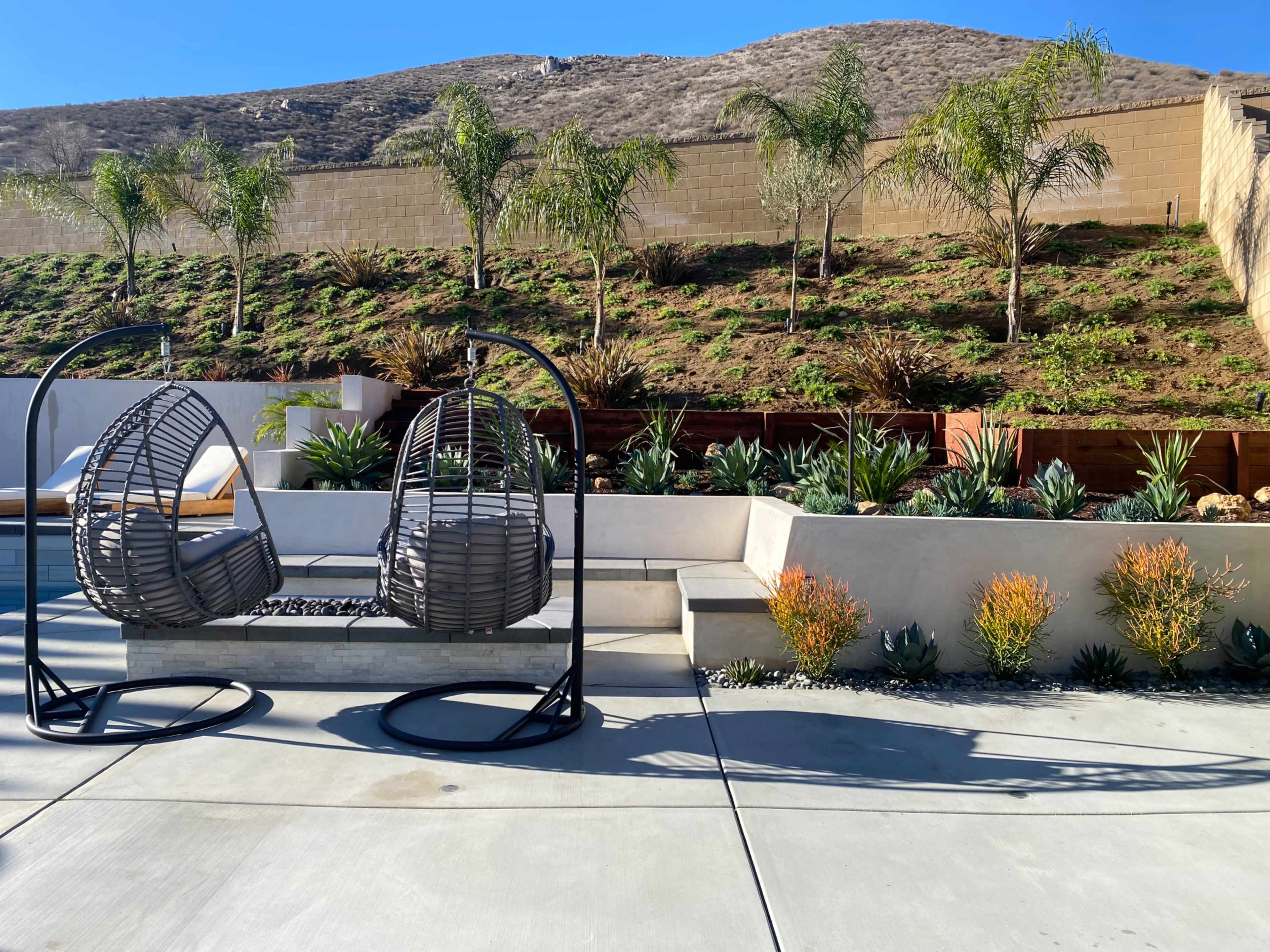 A backyard with two hanging chairs, a tiered landscape featuring plants and shrubs, and a concrete patio.