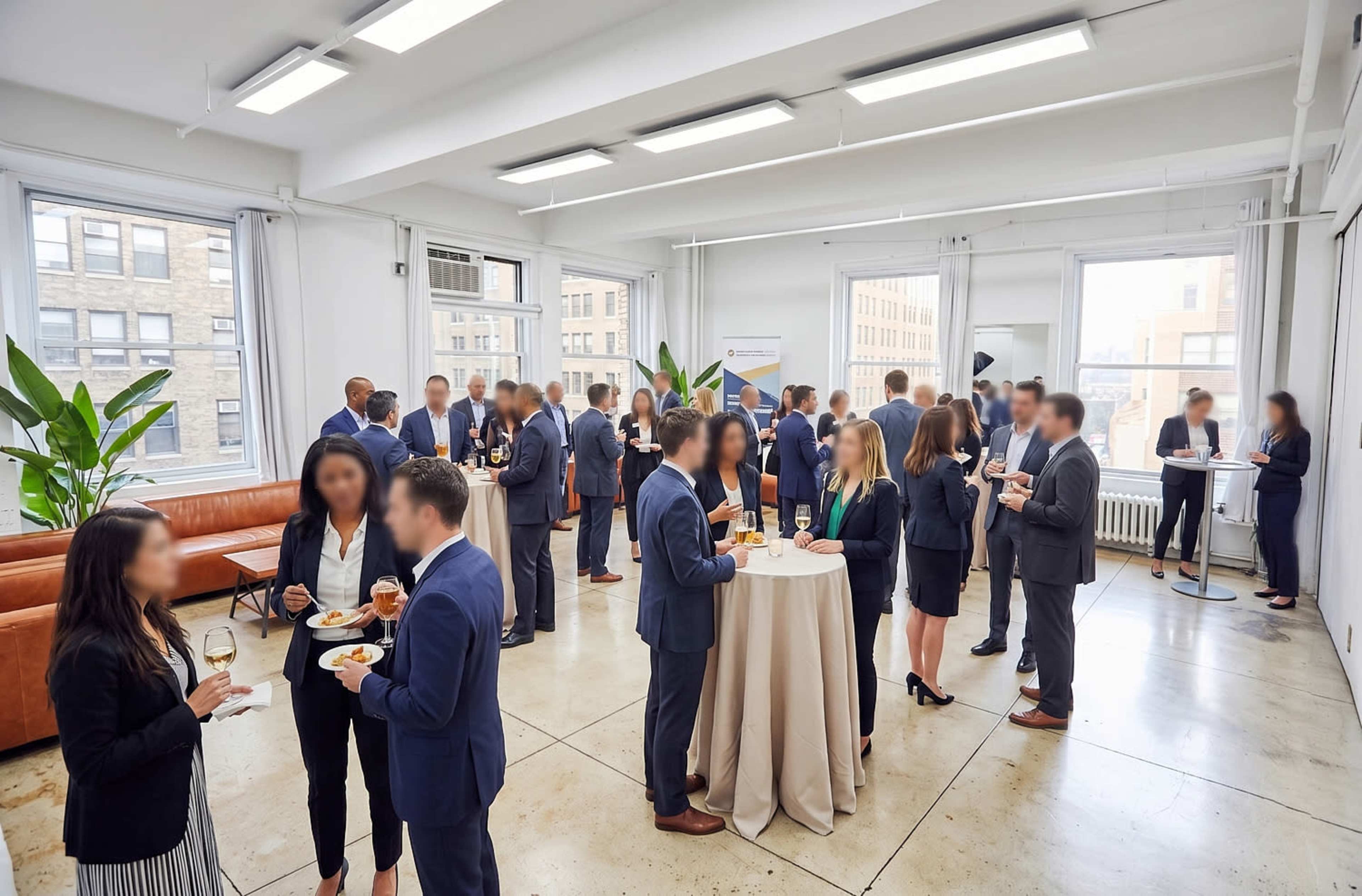 A group of professionals in business attire socialize at a networking event in a bright, open office space.