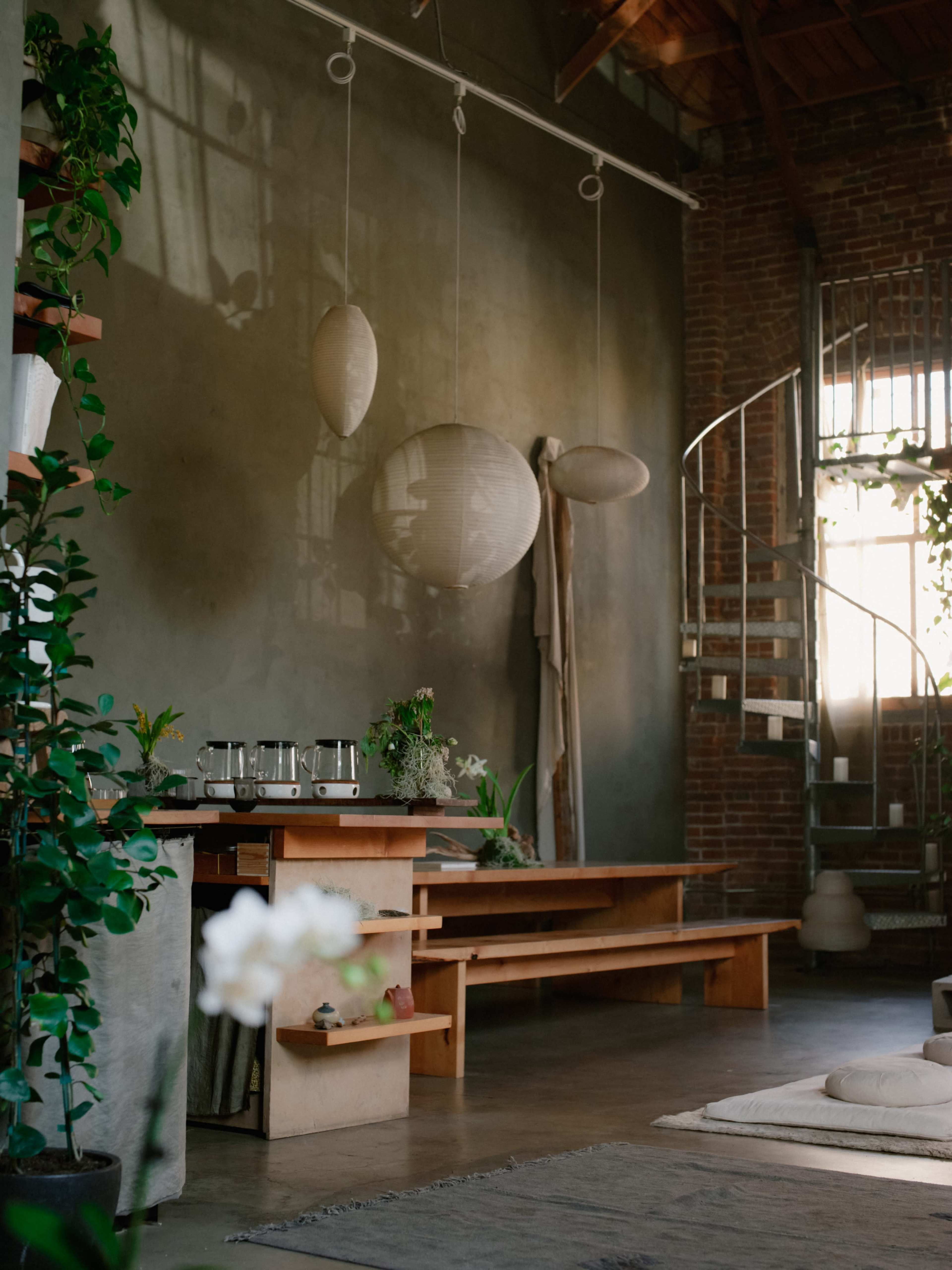 The image shows a modern, minimalist interior space featuring wooden furniture, plants, and hanging light fixtures, with a spiral staircase in the background.