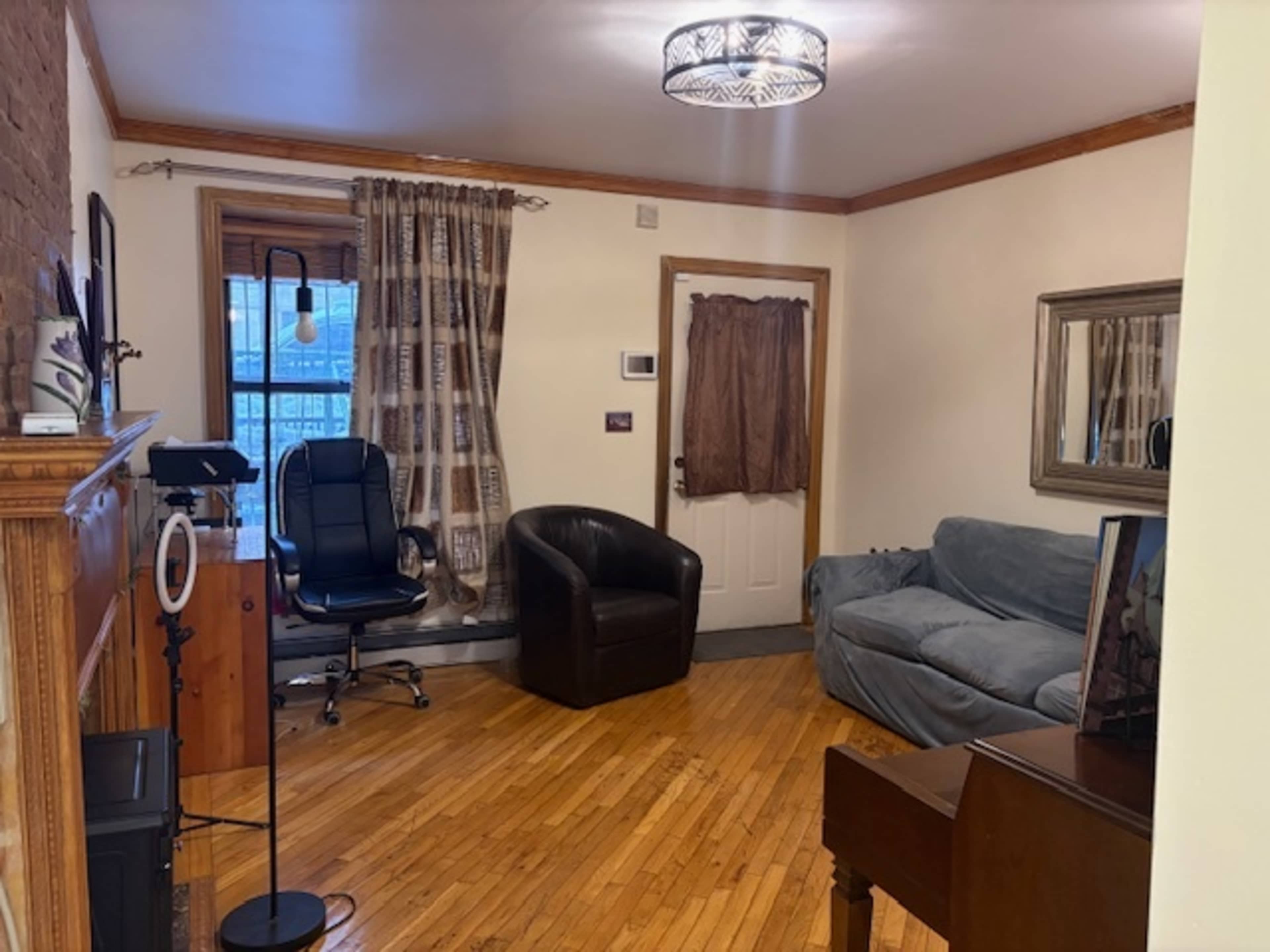 The image shows a living room with hardwood floors, a blue couch, a black armchair, a wooden fireplace, and a window with patterned curtains.
