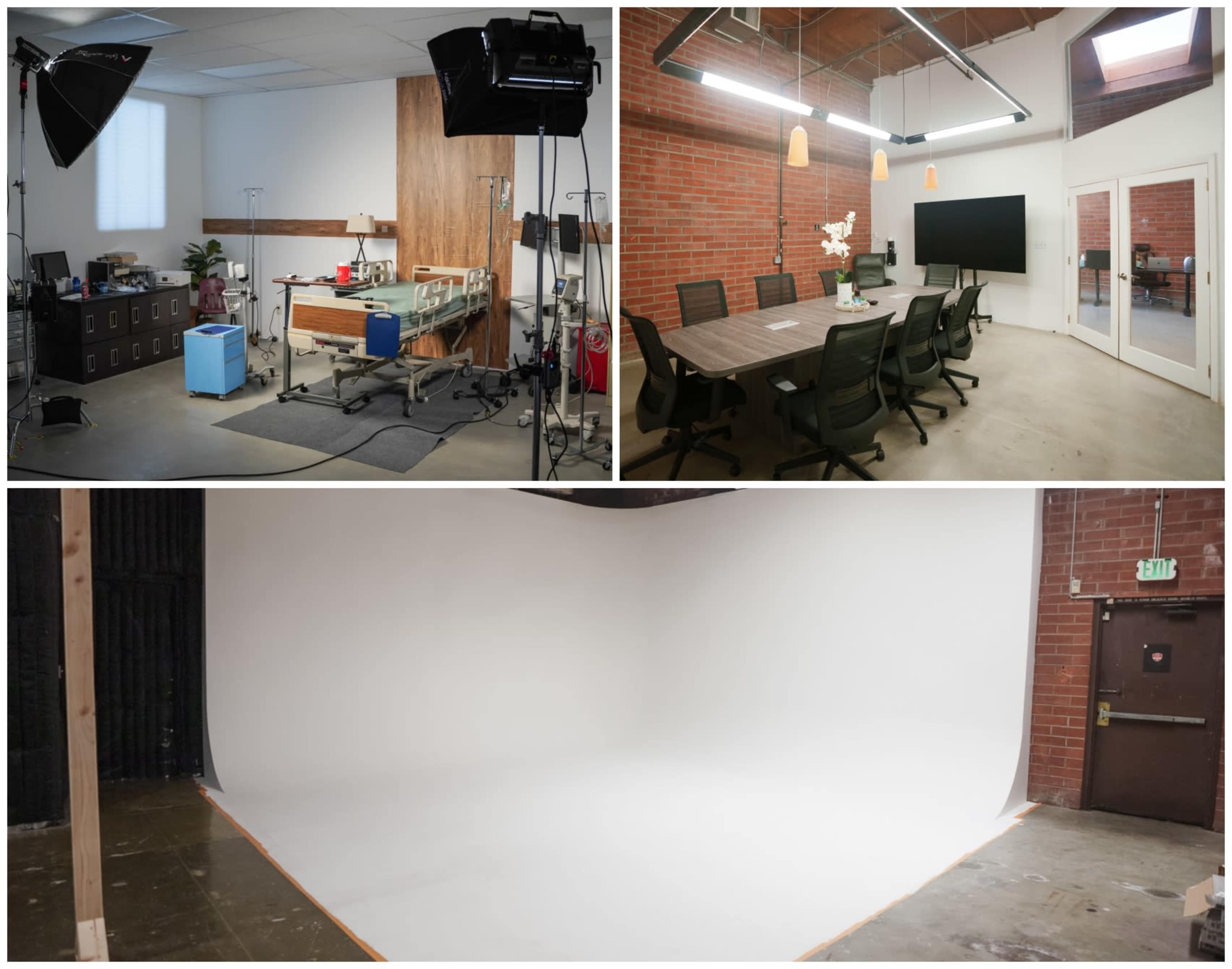 Three distinct spaces: a studio setup with equipment, a conference room with a large table and screen, and a plain backdrop area for photography.