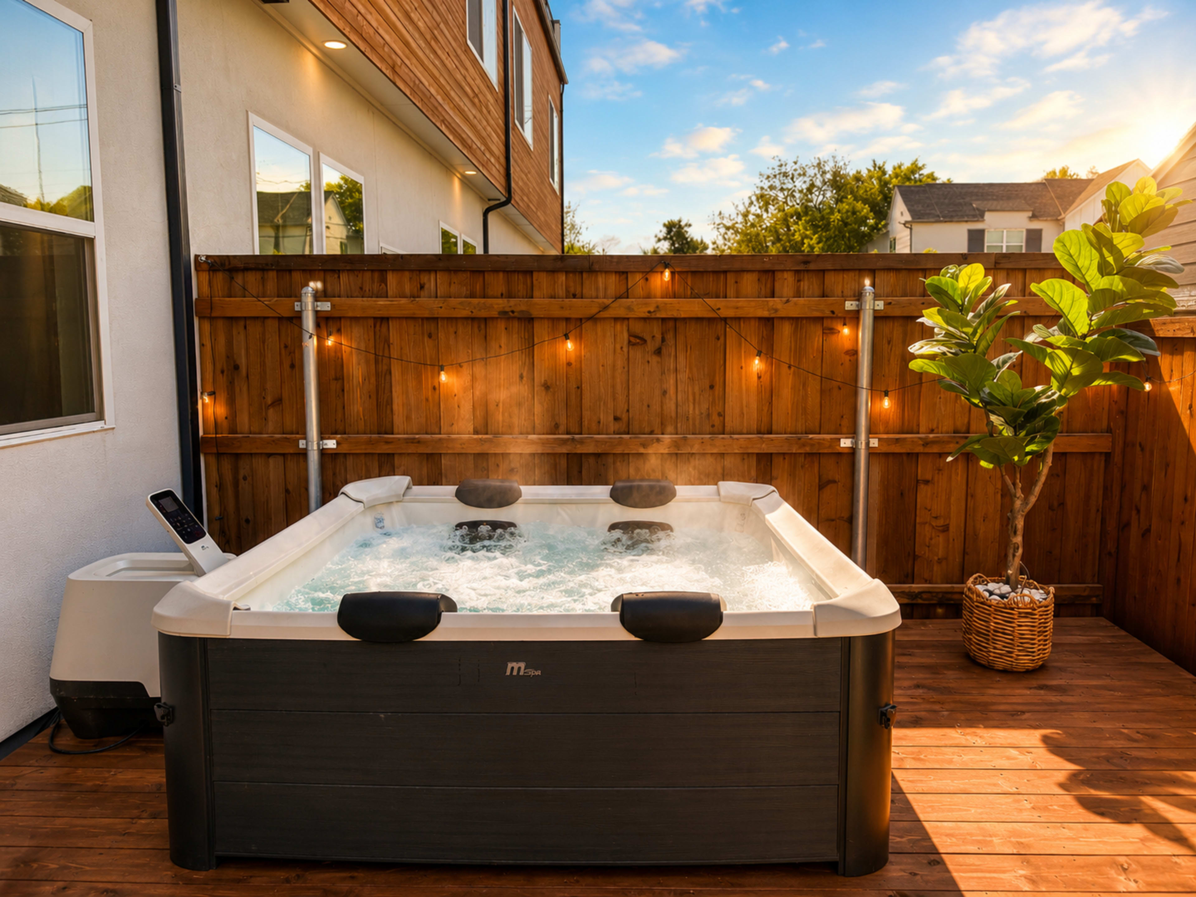 The image shows a hot tub surrounded by a wooden deck, with a fenced area featuring ambient lighting and a potted plant nearby.