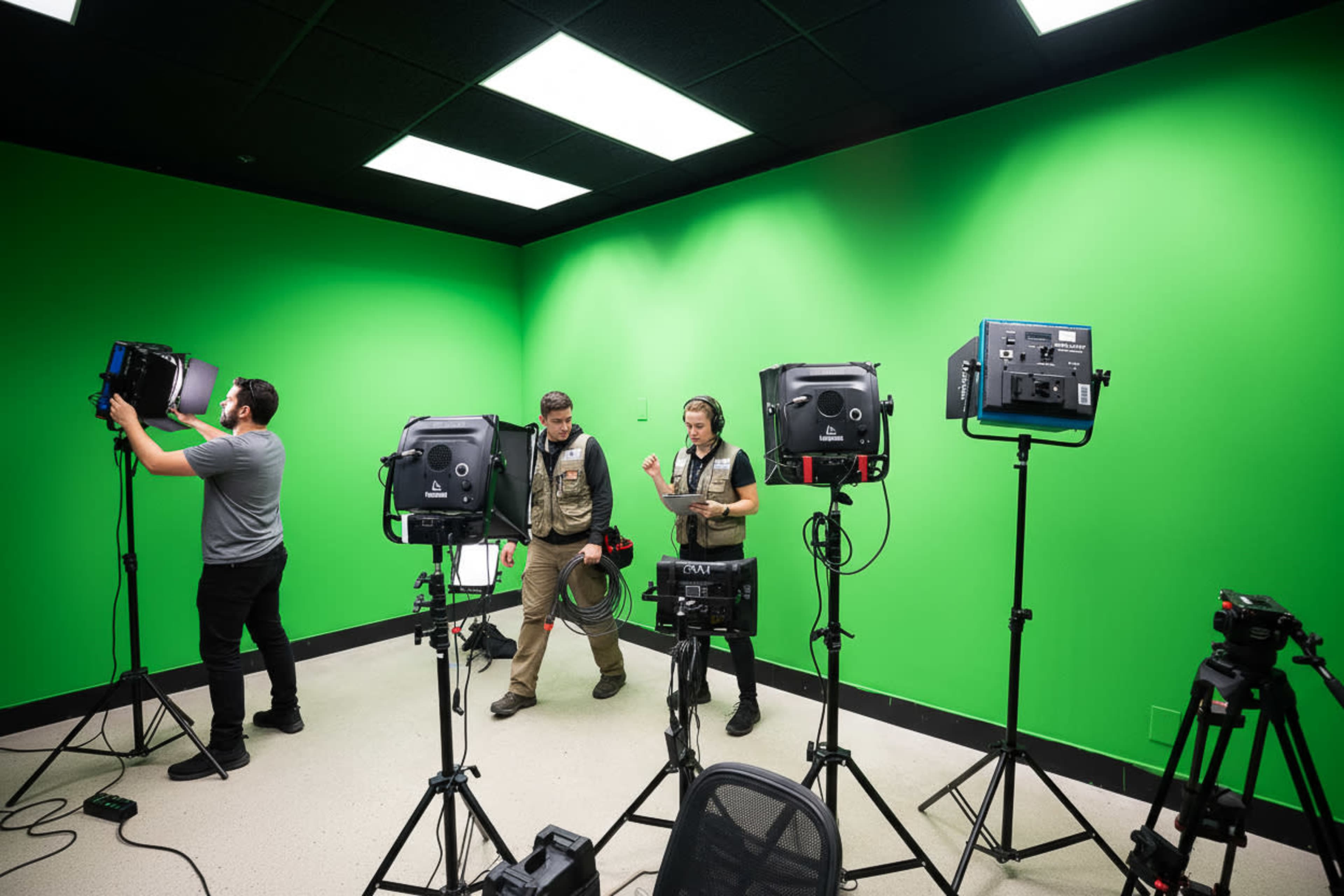 The image shows a green screen studio setup with two people preparing equipment and several lights and cameras positioned around the room.