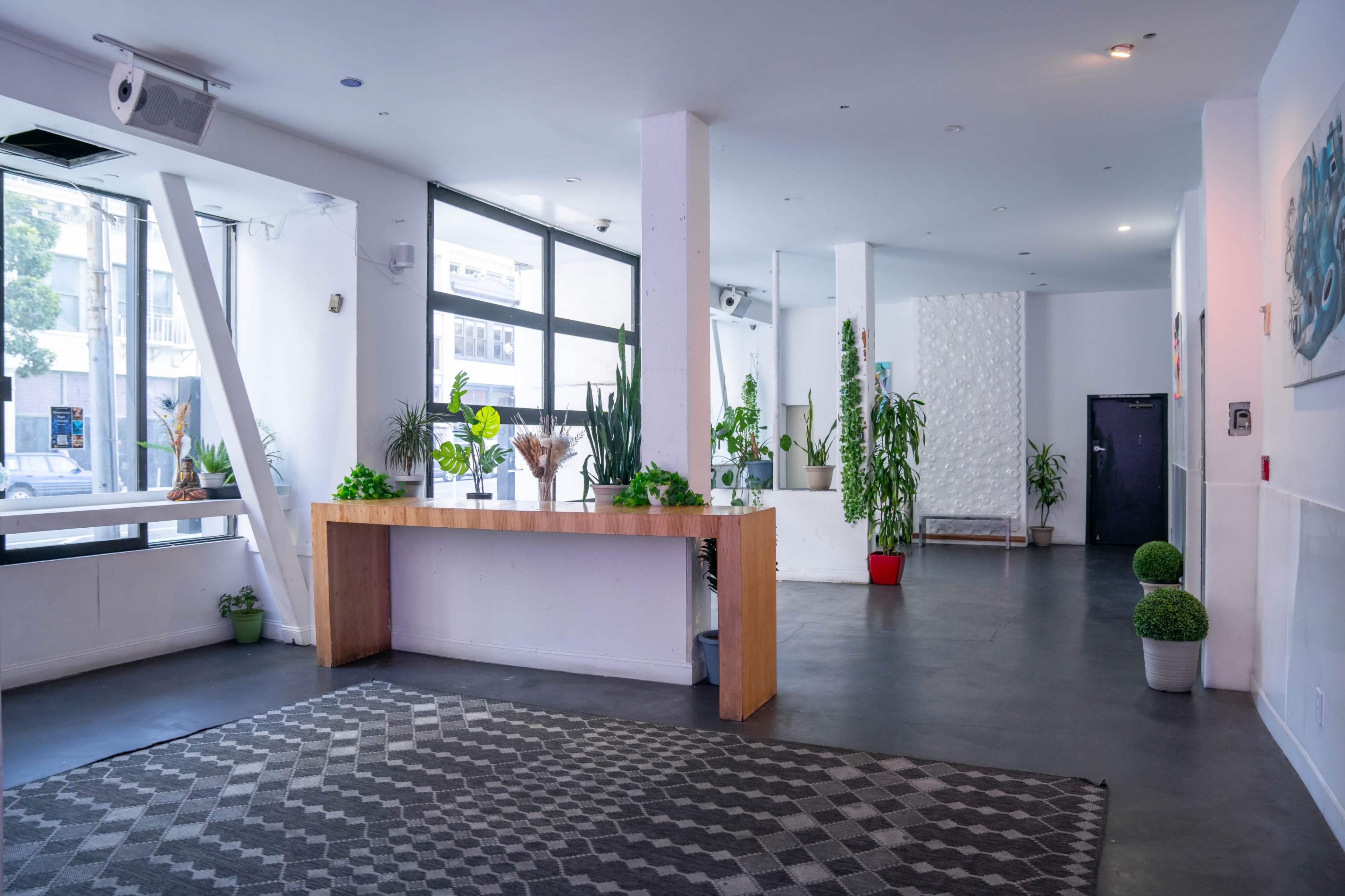 A spacious interior with a wooden reception desk, large windows, and potted plants scattered throughout the area.