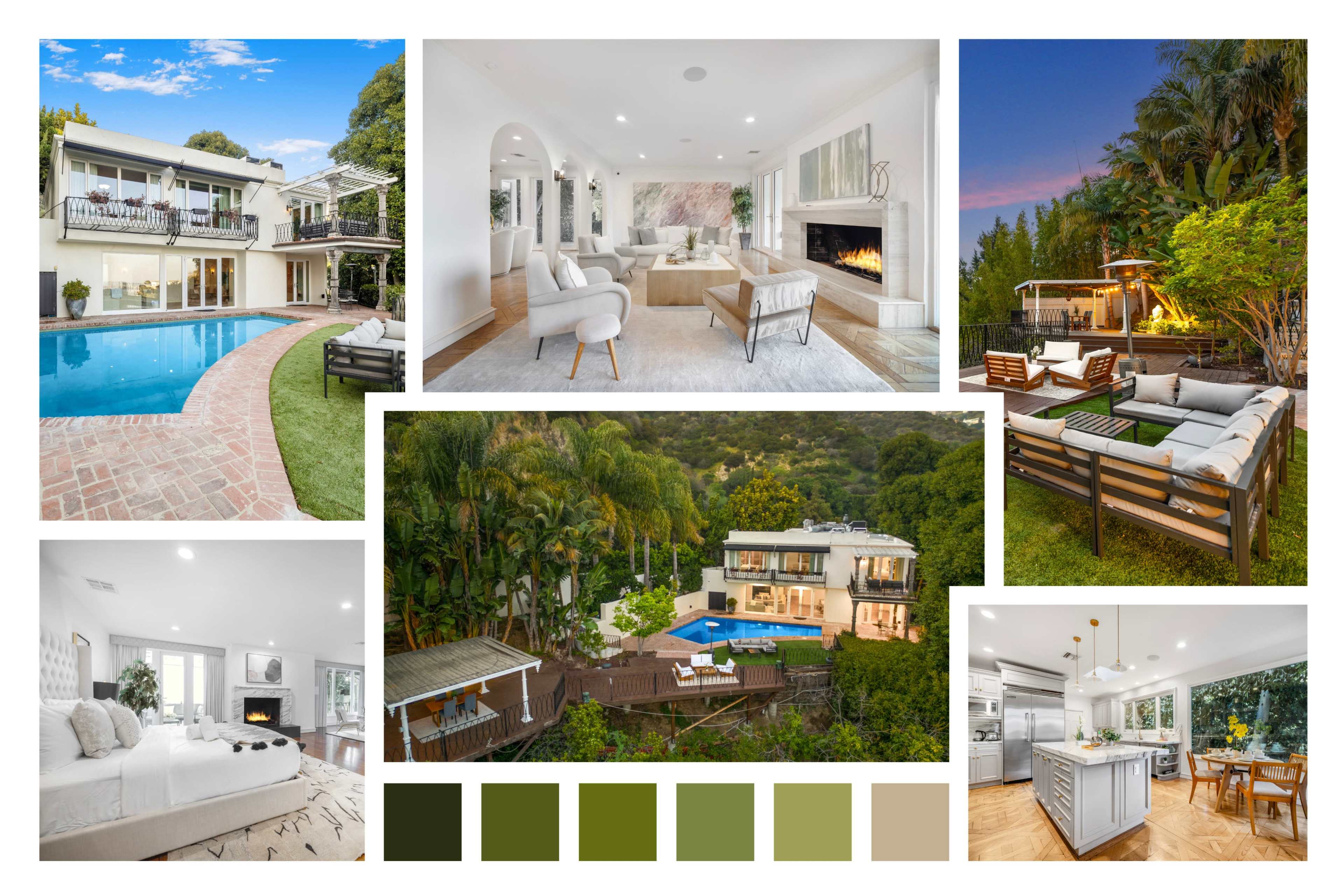 The image displays a collage of a modern home featuring various scenes, including a pool area, interior living spaces, a dining area, and an outdoor seating arrangement surrounded by greenery.