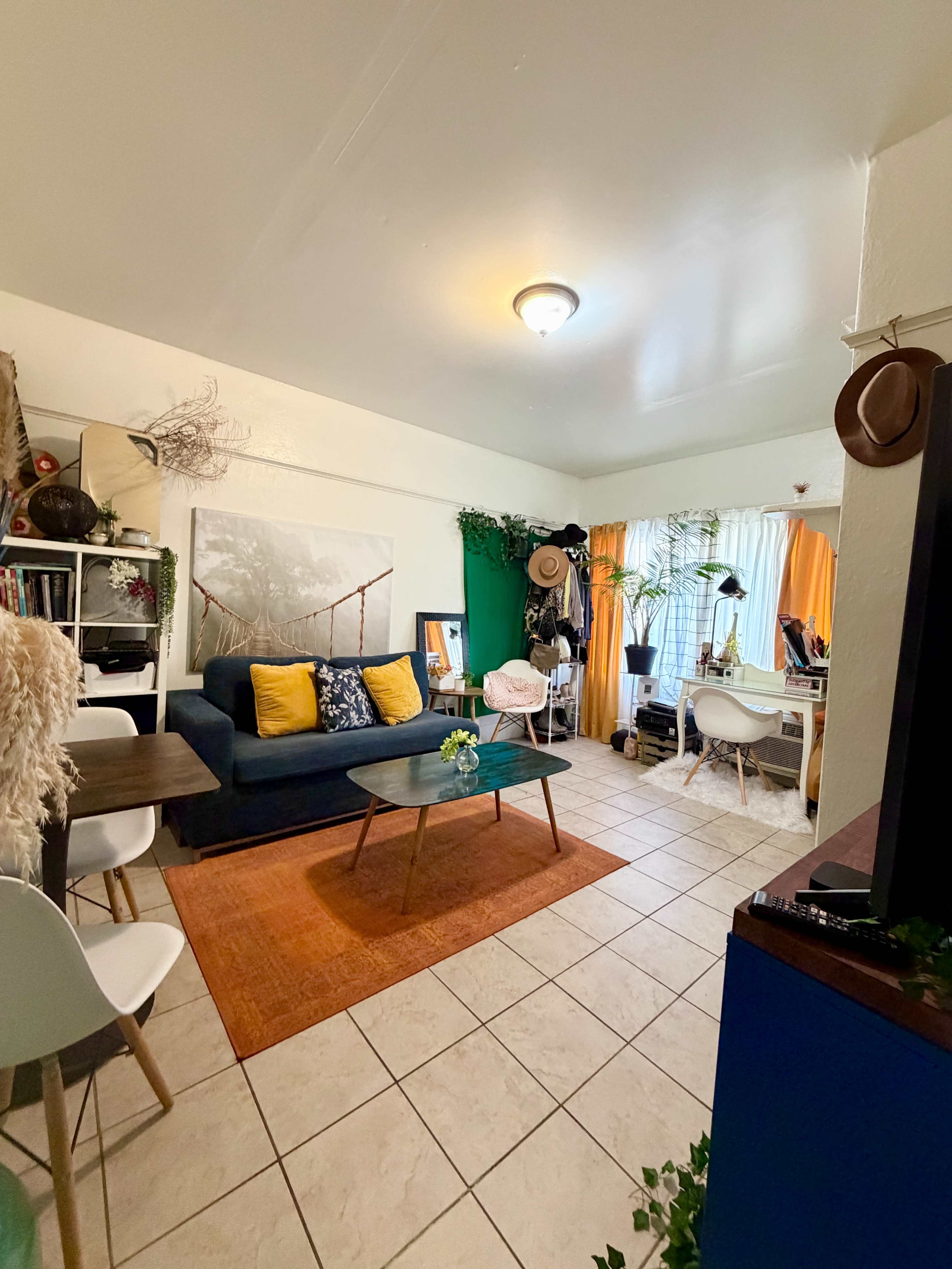 The image shows a cozy living room with a blue sofa, a wooden coffee table, a dining table, and various plants, framed by bright curtains and decorative elements.