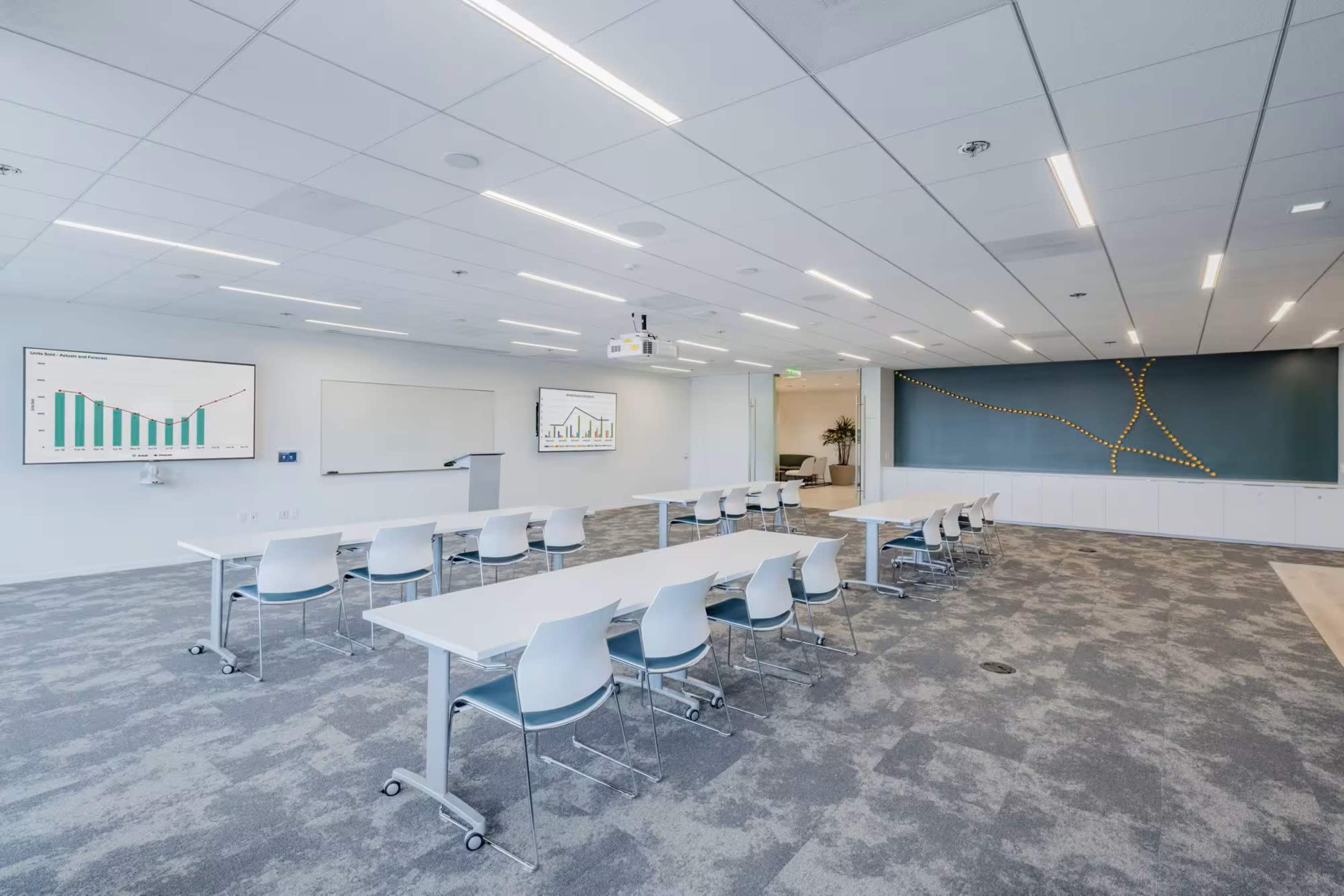 The image shows a modern conference room with several white tables and chairs arranged for a meeting, equipped with two screens displaying graphs, and a projector mounted on the ceiling.