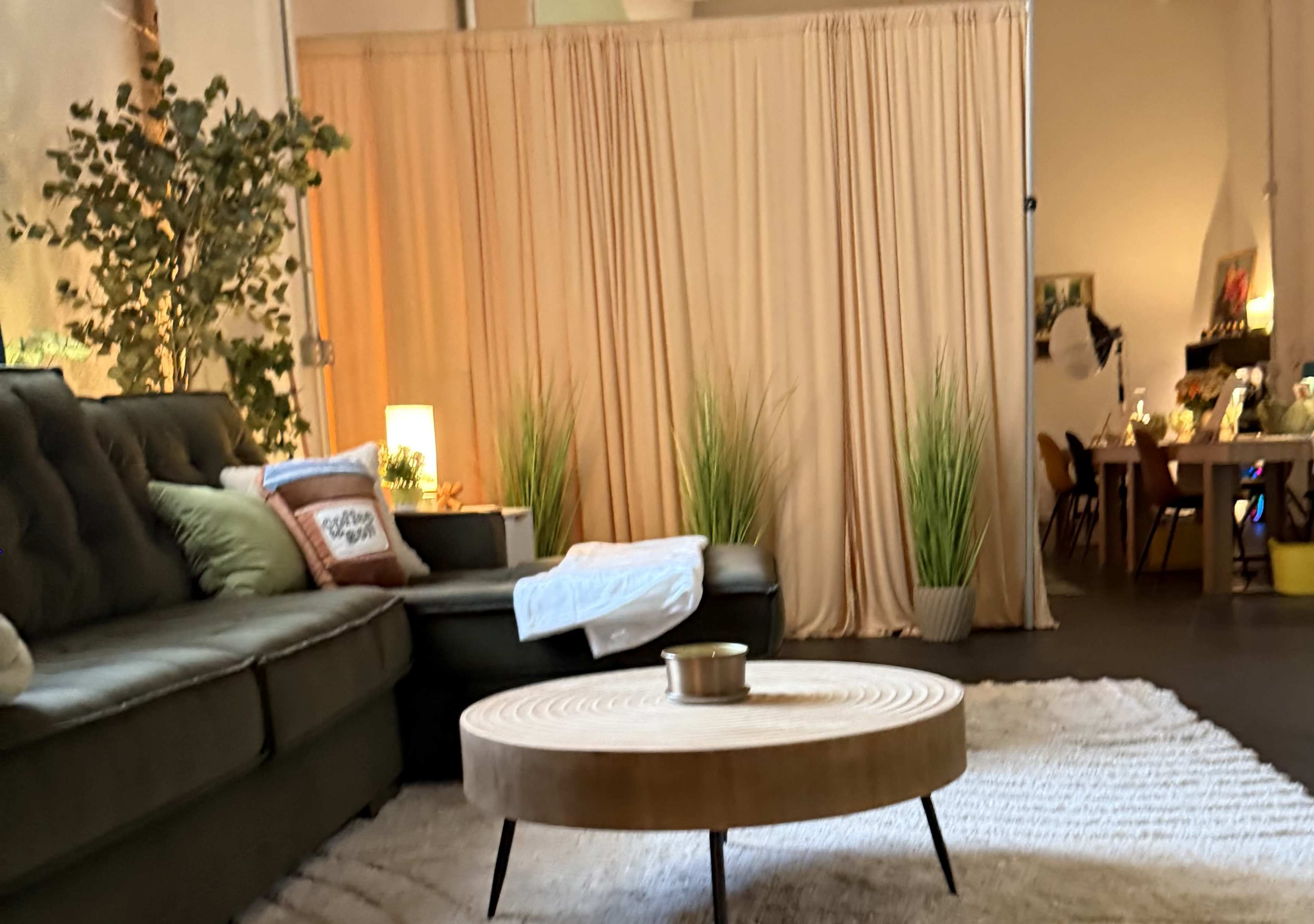 A cozy living space features a green sofa, a round coffee table, and a partitioned area with plants in decorative pots.