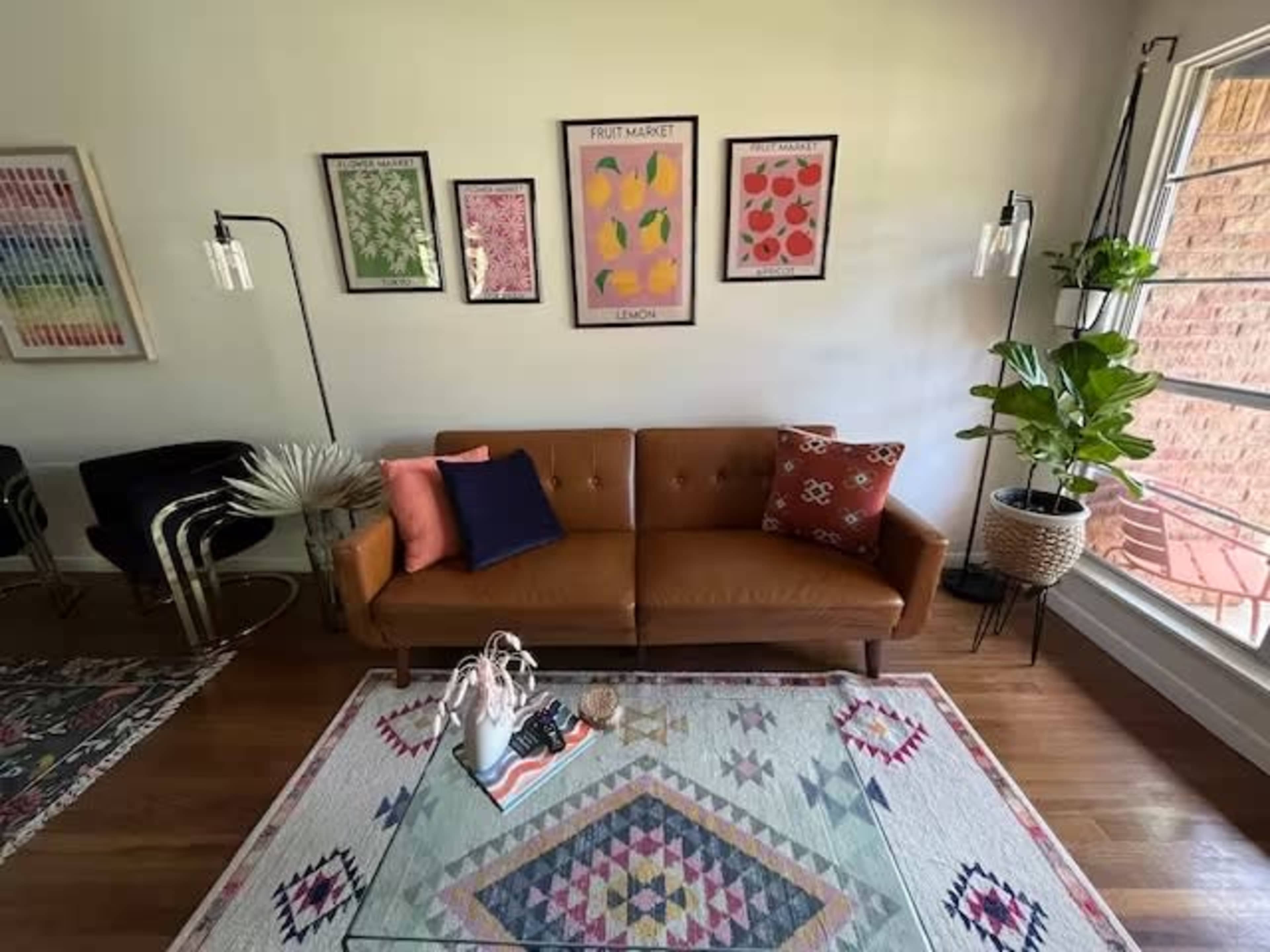 A leather sofa with colorful pillows is positioned in a living room adorned with framed artwork above it, a decorative rug beneath, and a potted plant in the corner.