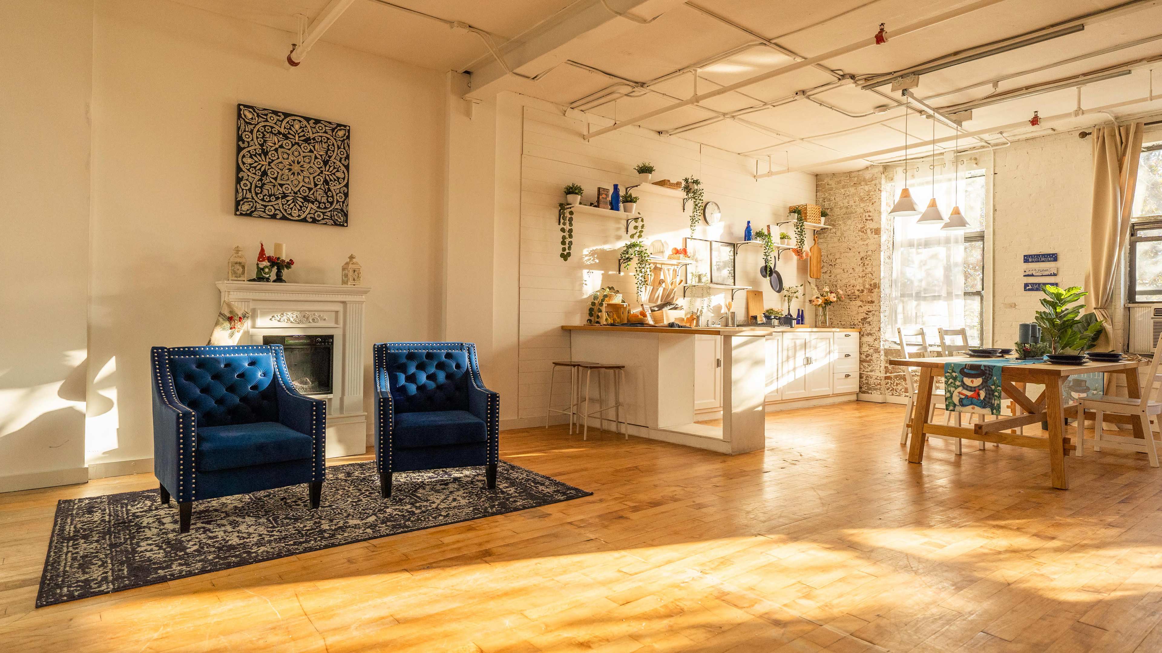 A well-lit, modern kitchen and dining area featuring two blue velvet chairs, a wooden table, and shelves adorned with plants and kitchen items.