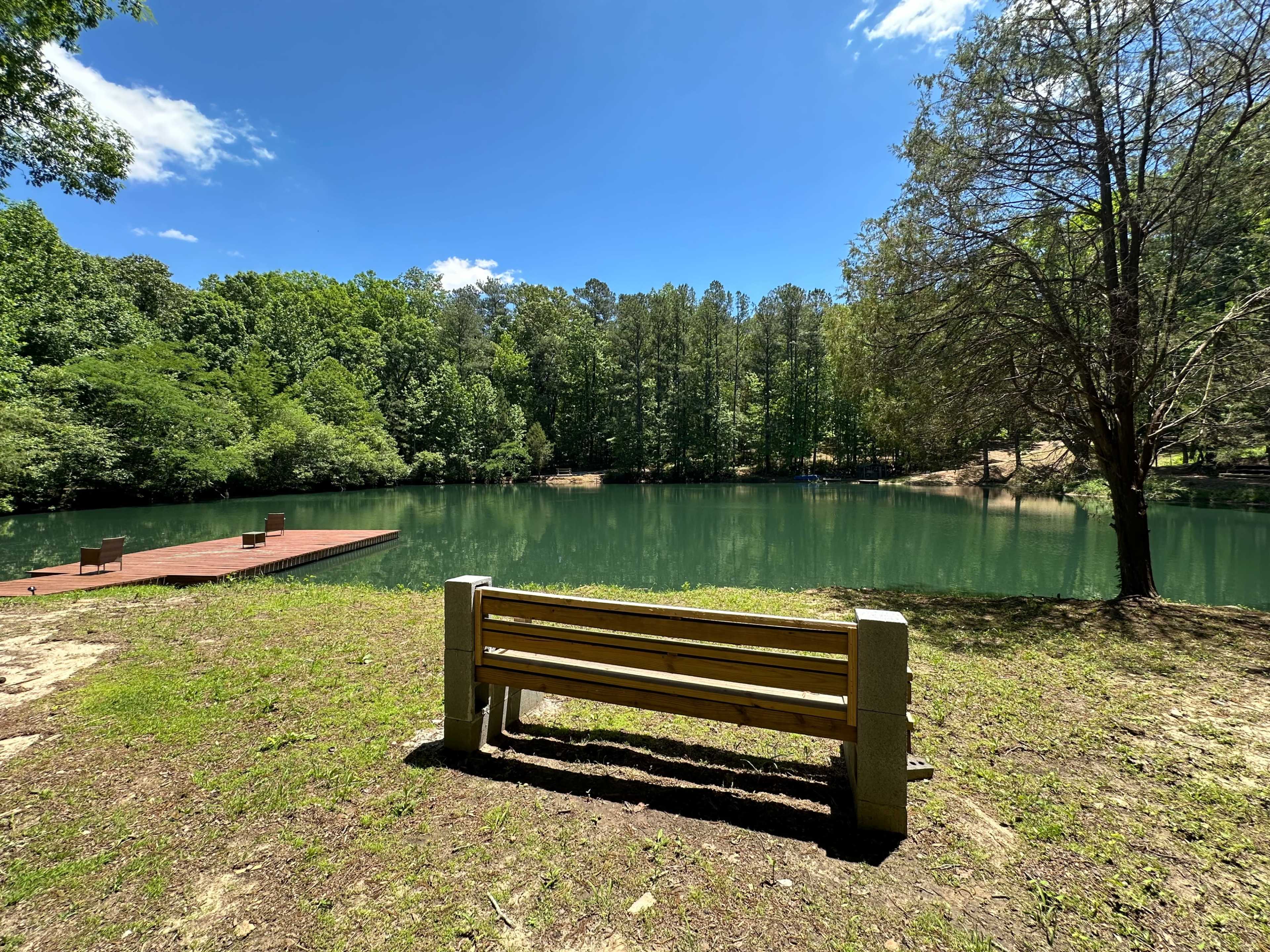 A wooden bench faces a calm, green lake surrounded by forested land and a small dock in the background.