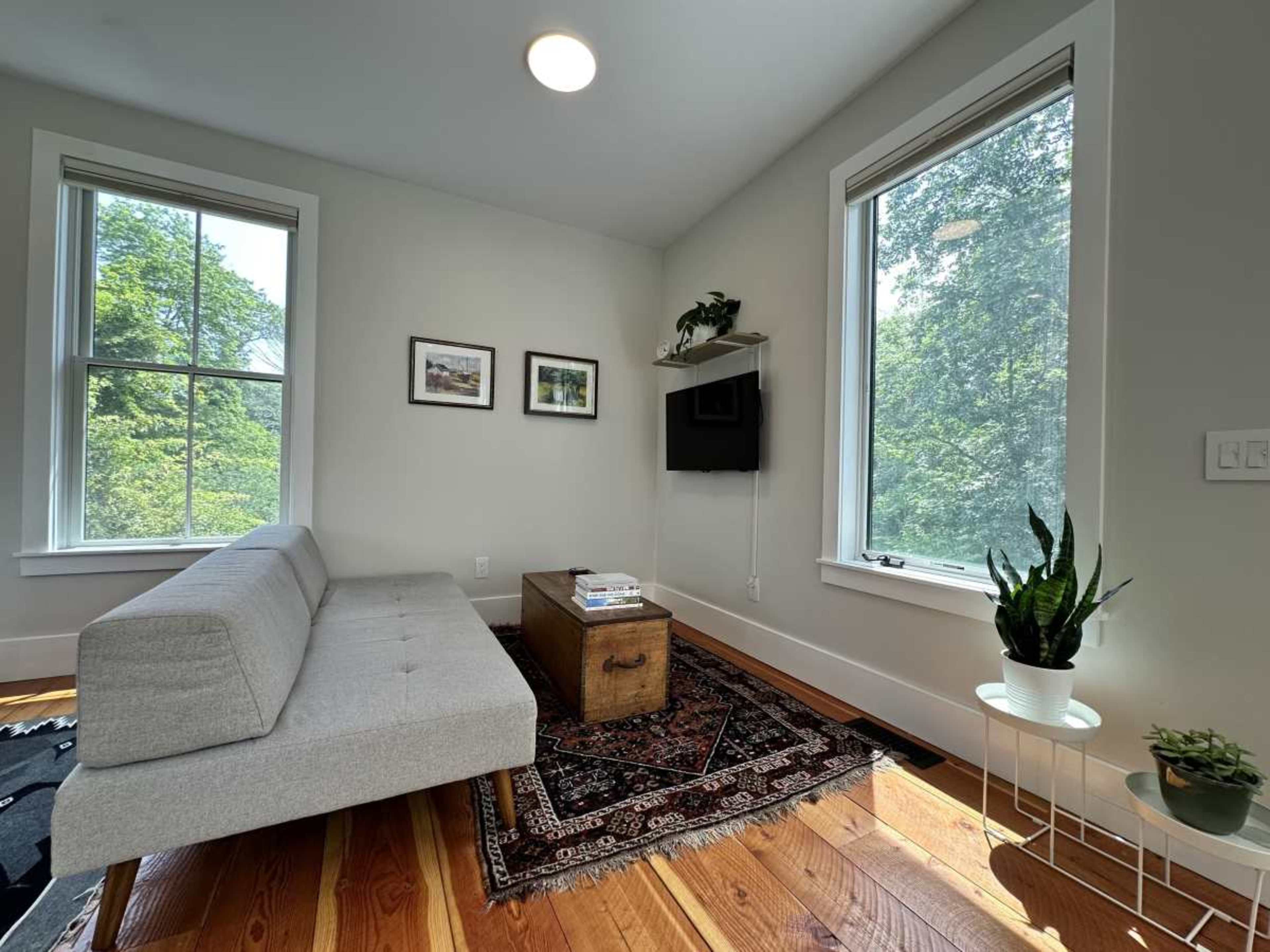 A minimalist living space with a gray sofa, a wooden coffee table, and large windows overlooking greenery.