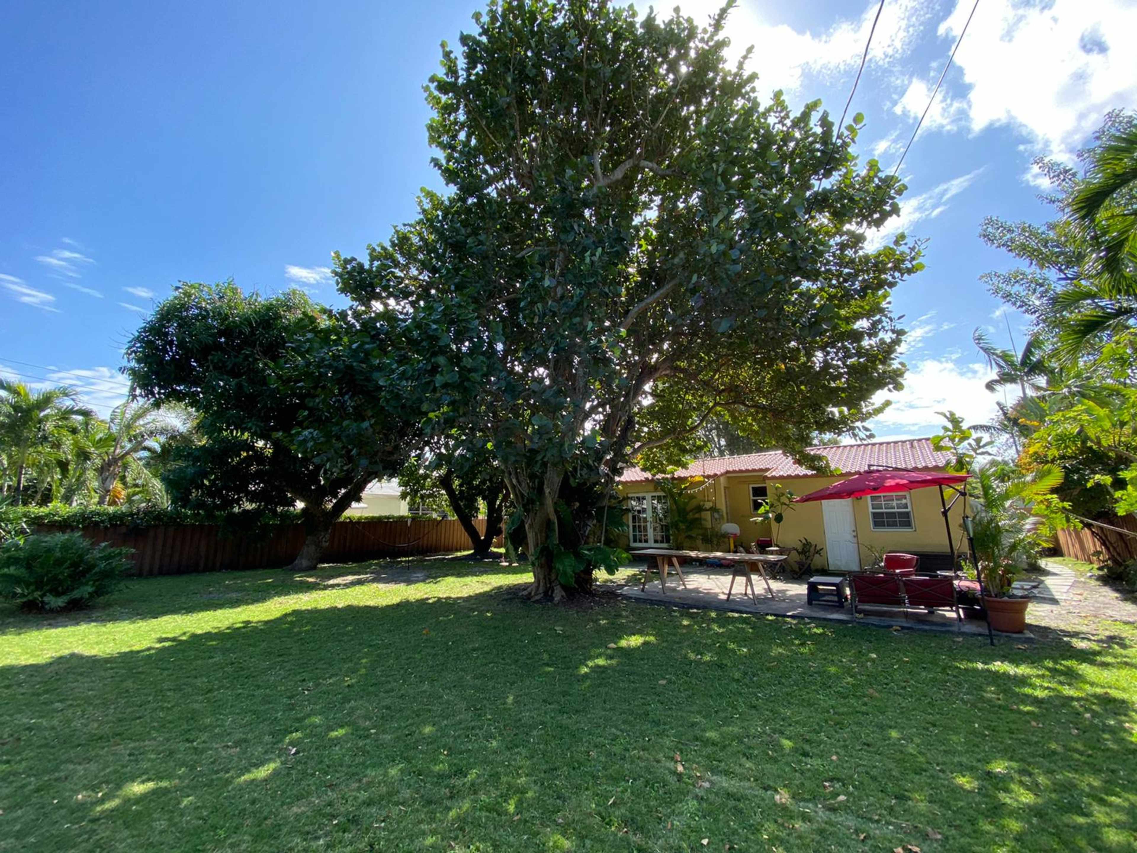 A house with a yellow exterior is located in a grassy yard under a large tree, with outdoor furniture arranged nearby.