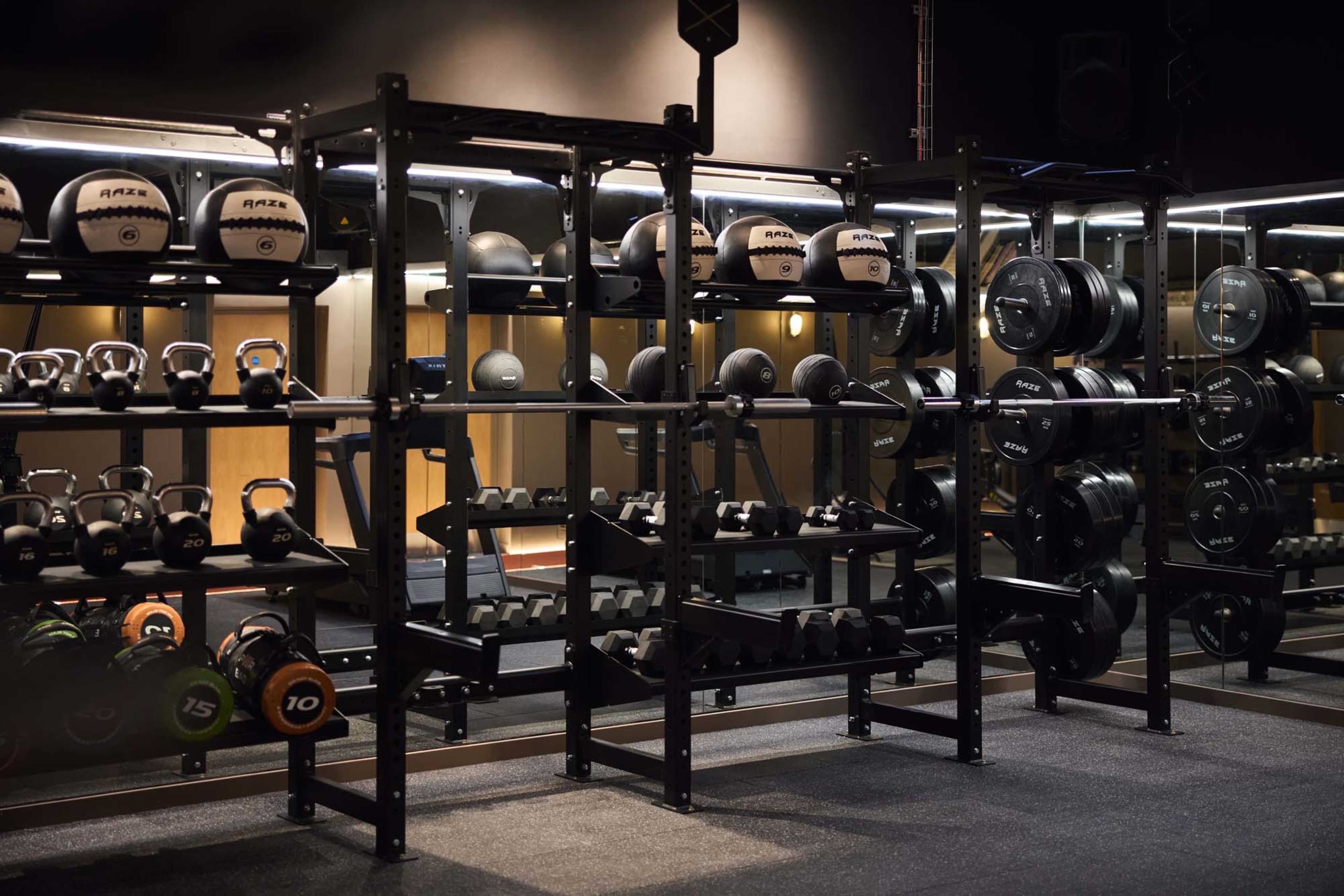 A well-organized gym features a variety of weights, including dumbbells and kettlebells, arranged neatly on racks against a mirrored wall.