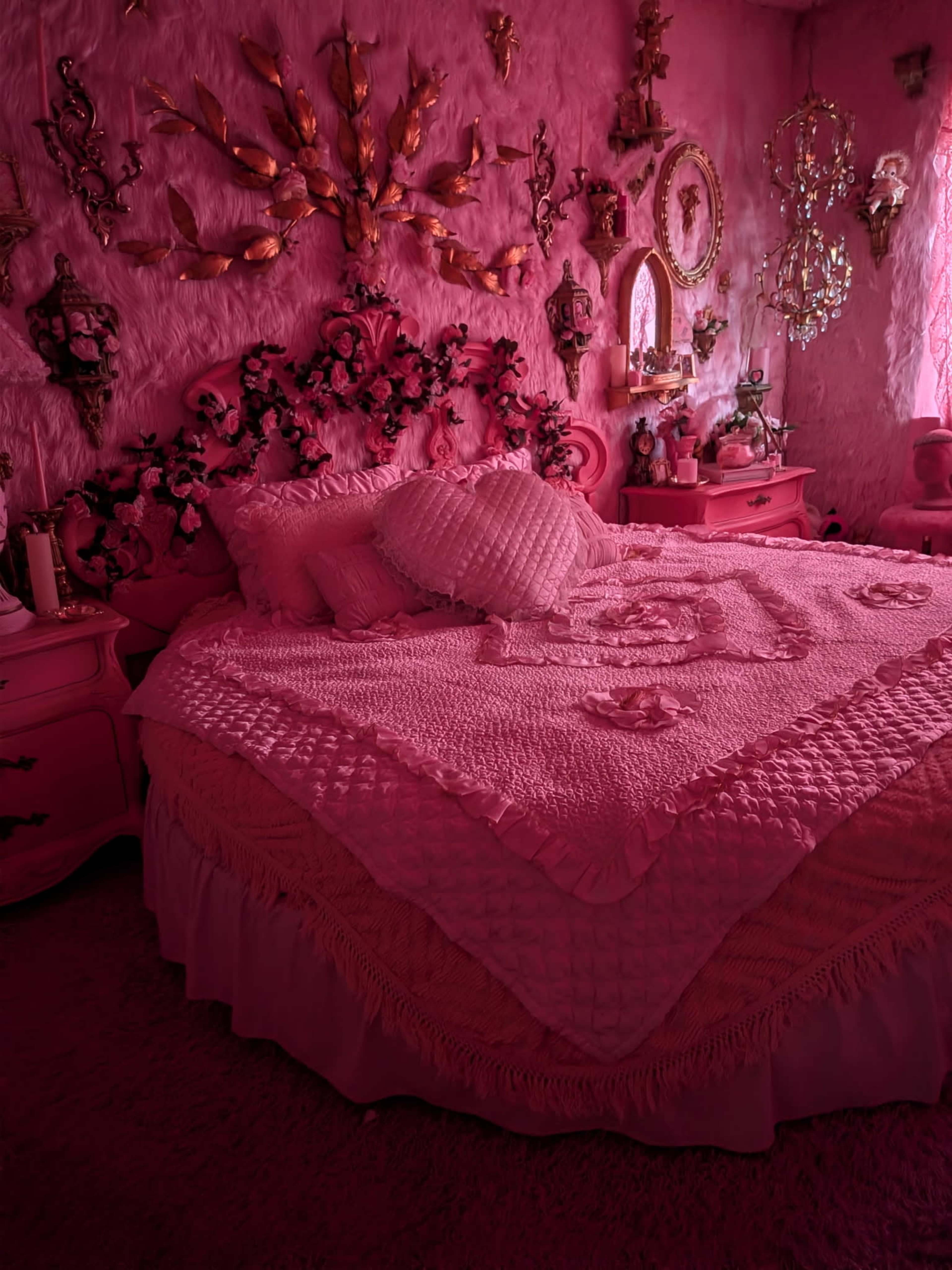 The room features a large, pink bed adorned with intricate bedding, surrounded by various pink decorations and wall art.