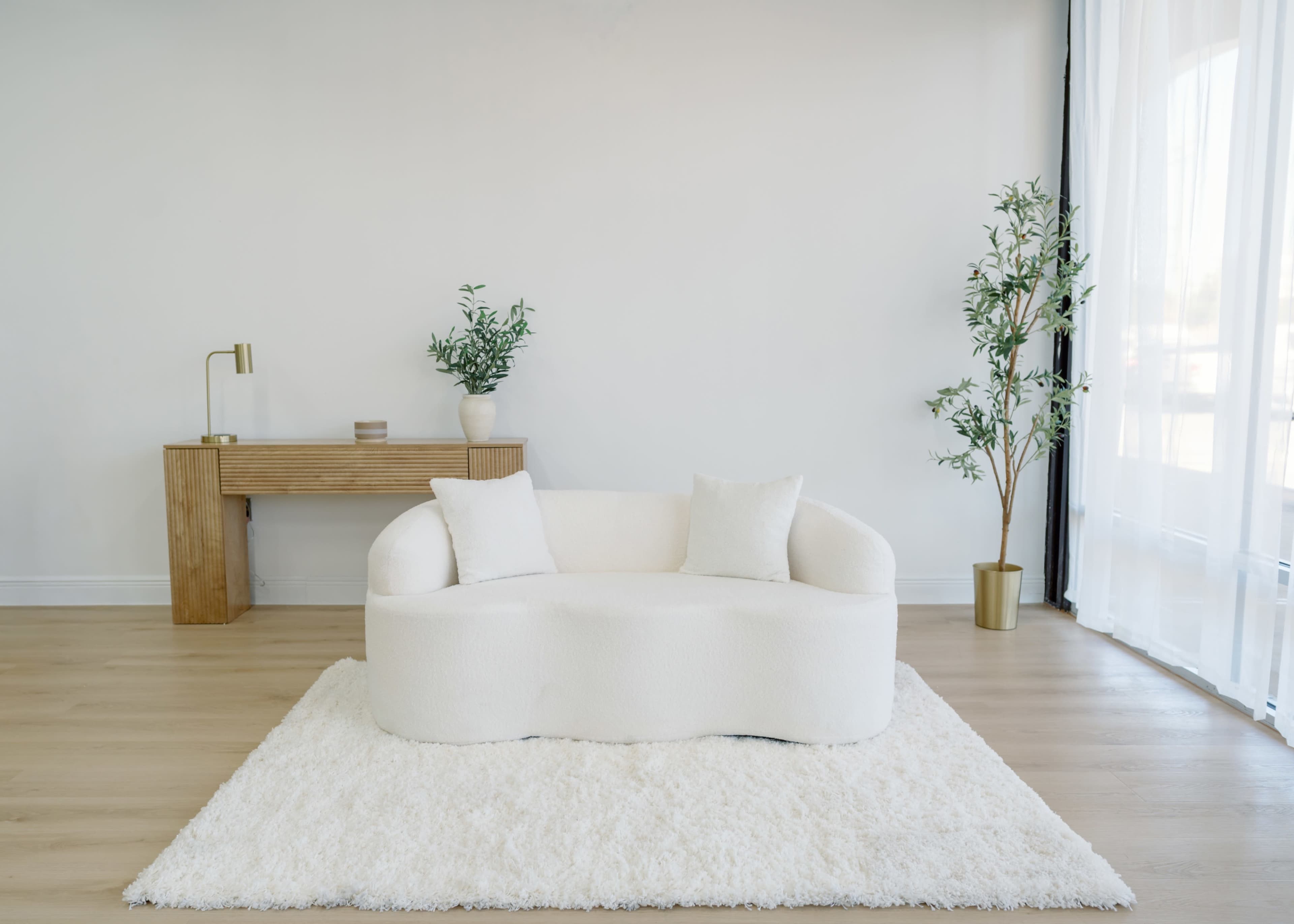 A light, modern living area features a white, curved sofa on a plush rug, accompanied by a wooden console table and potted plants.