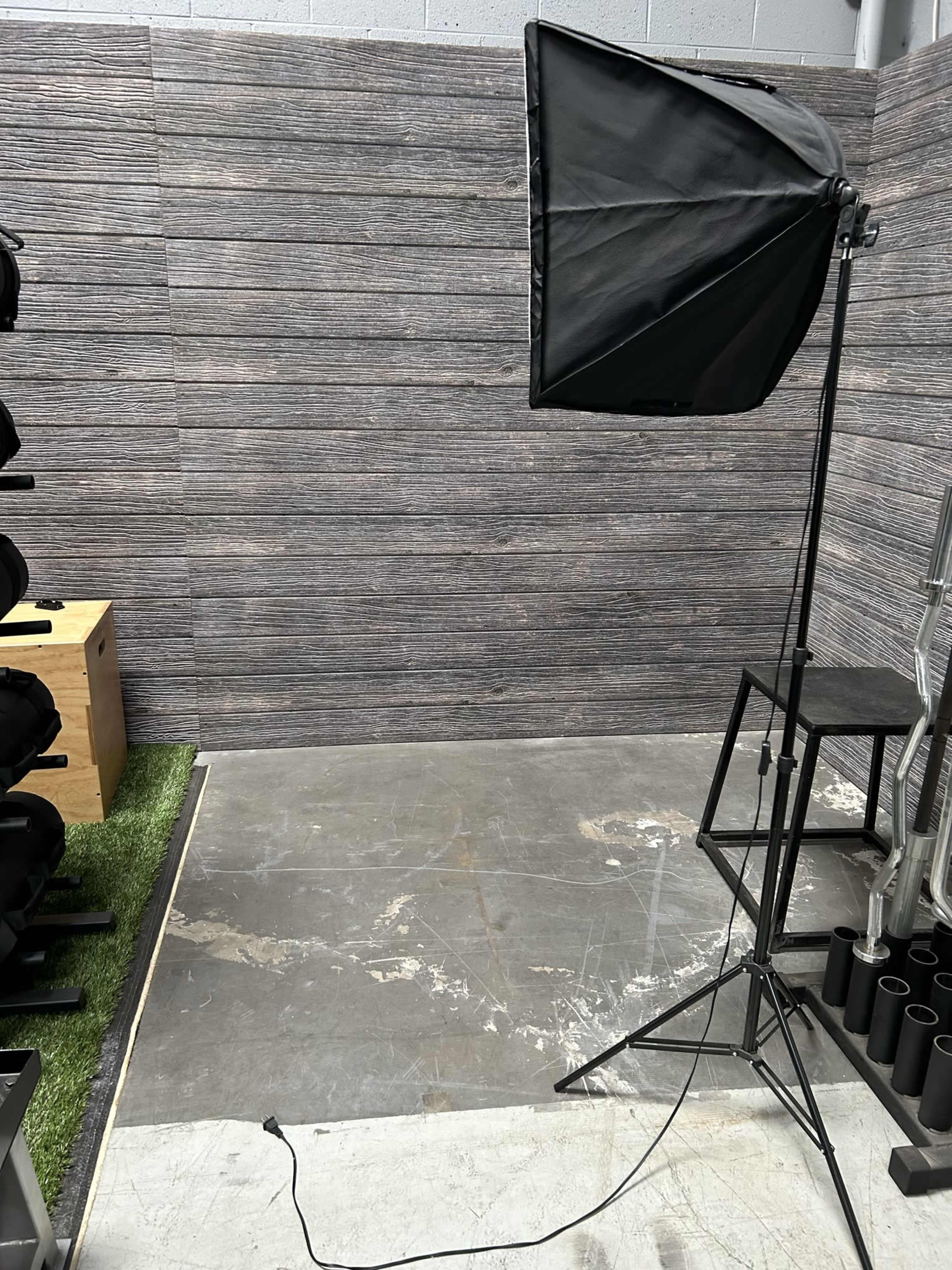 A studio space with a backdrop of wooden paneling, a softbox light on a stand, and a small area of artificial grass.