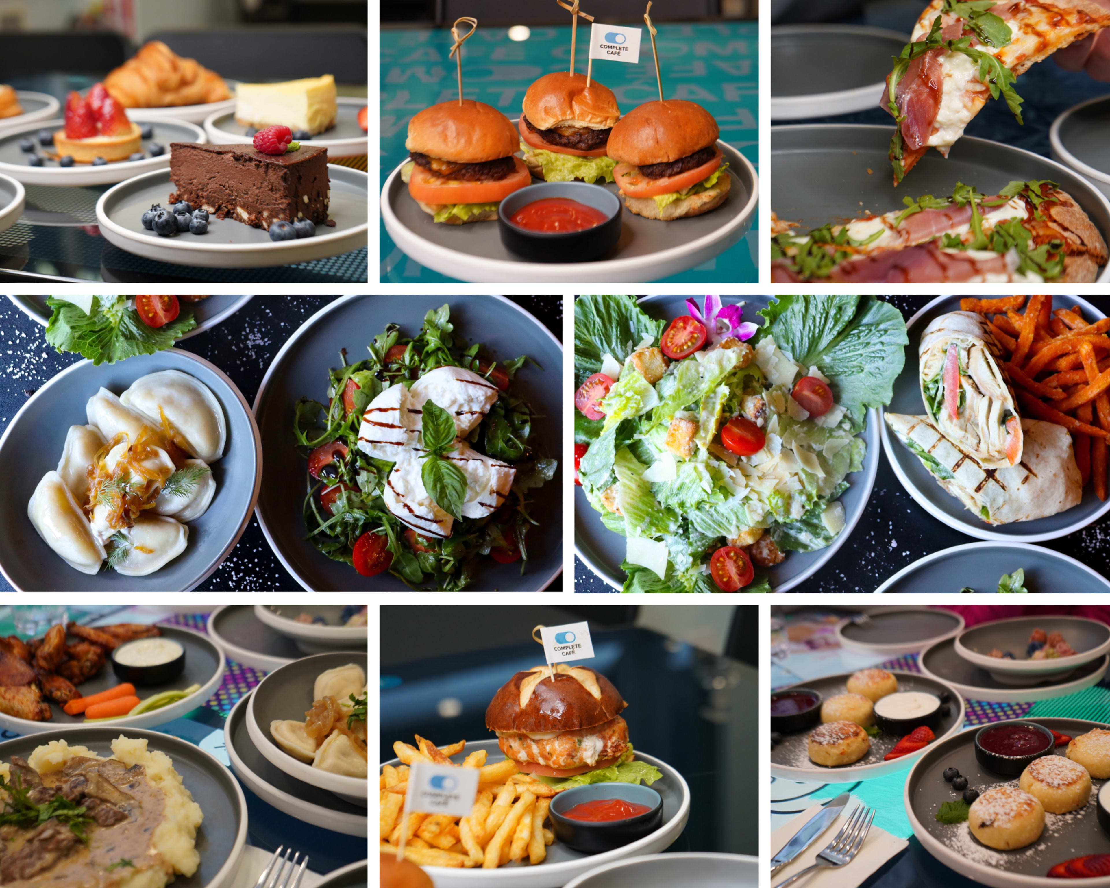 The image showcases a variety of dishes served on gray plates, including burgers, salads, desserts, and appetizers arranged in a grid layout.
