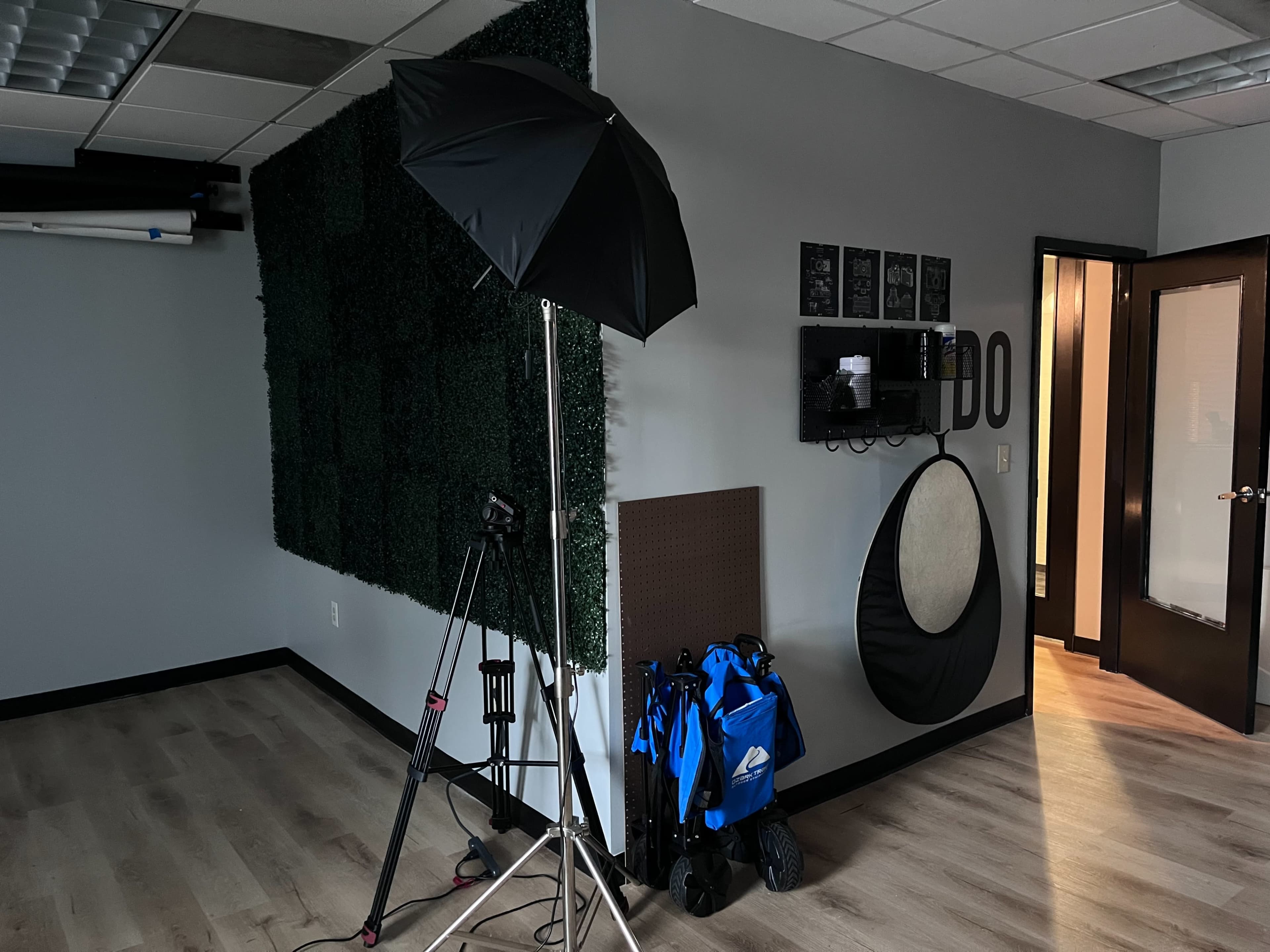 A studio space featuring a black umbrella light stand, a wall covered with faux greenery, and a setup for photography equipment against a gray wall.