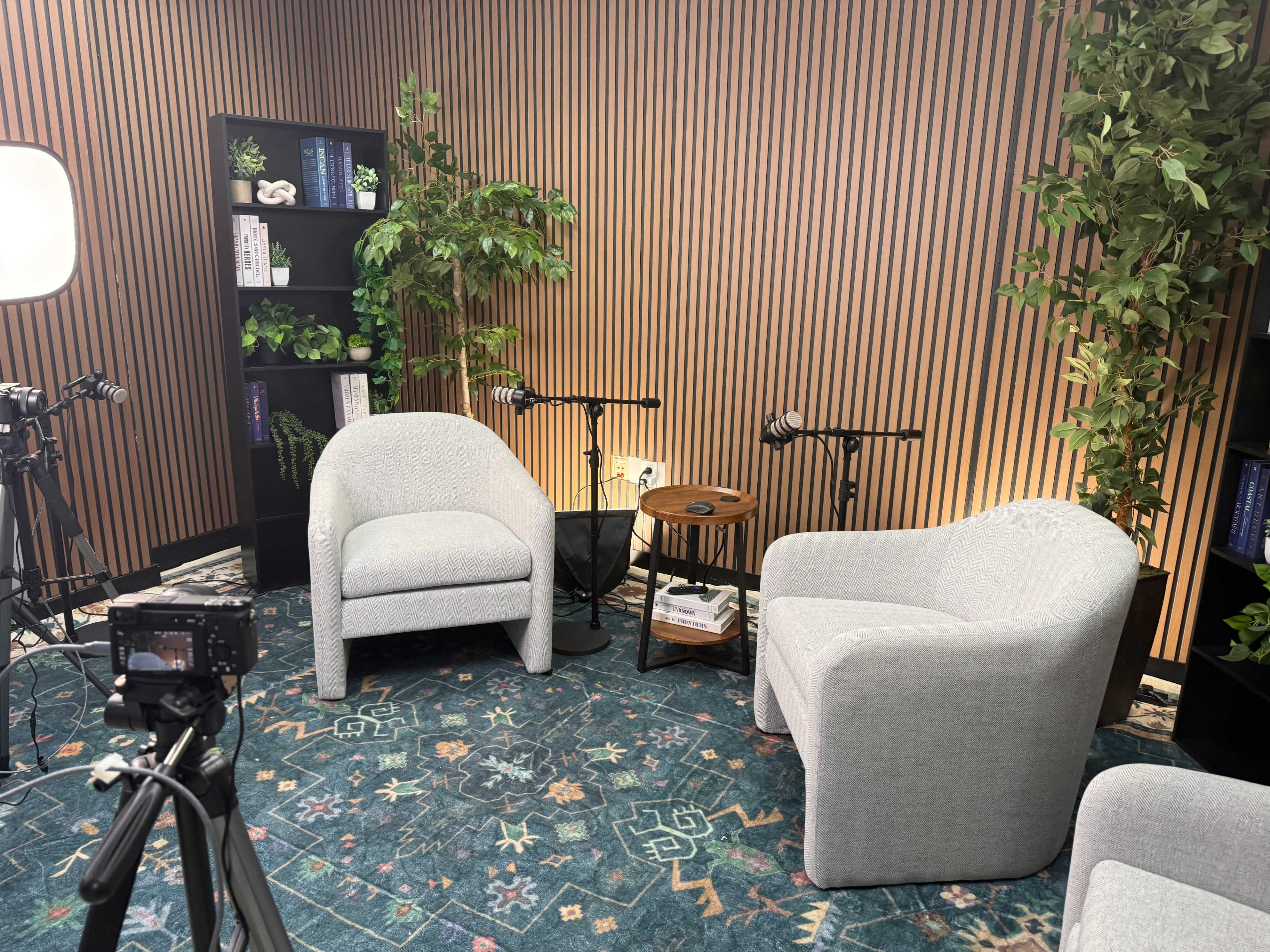 The image shows a well-lit, minimalist interview setup featuring two gray armchairs, a small wooden table, and studio equipment including microphones and cameras against a backdrop of wood paneling and greenery.