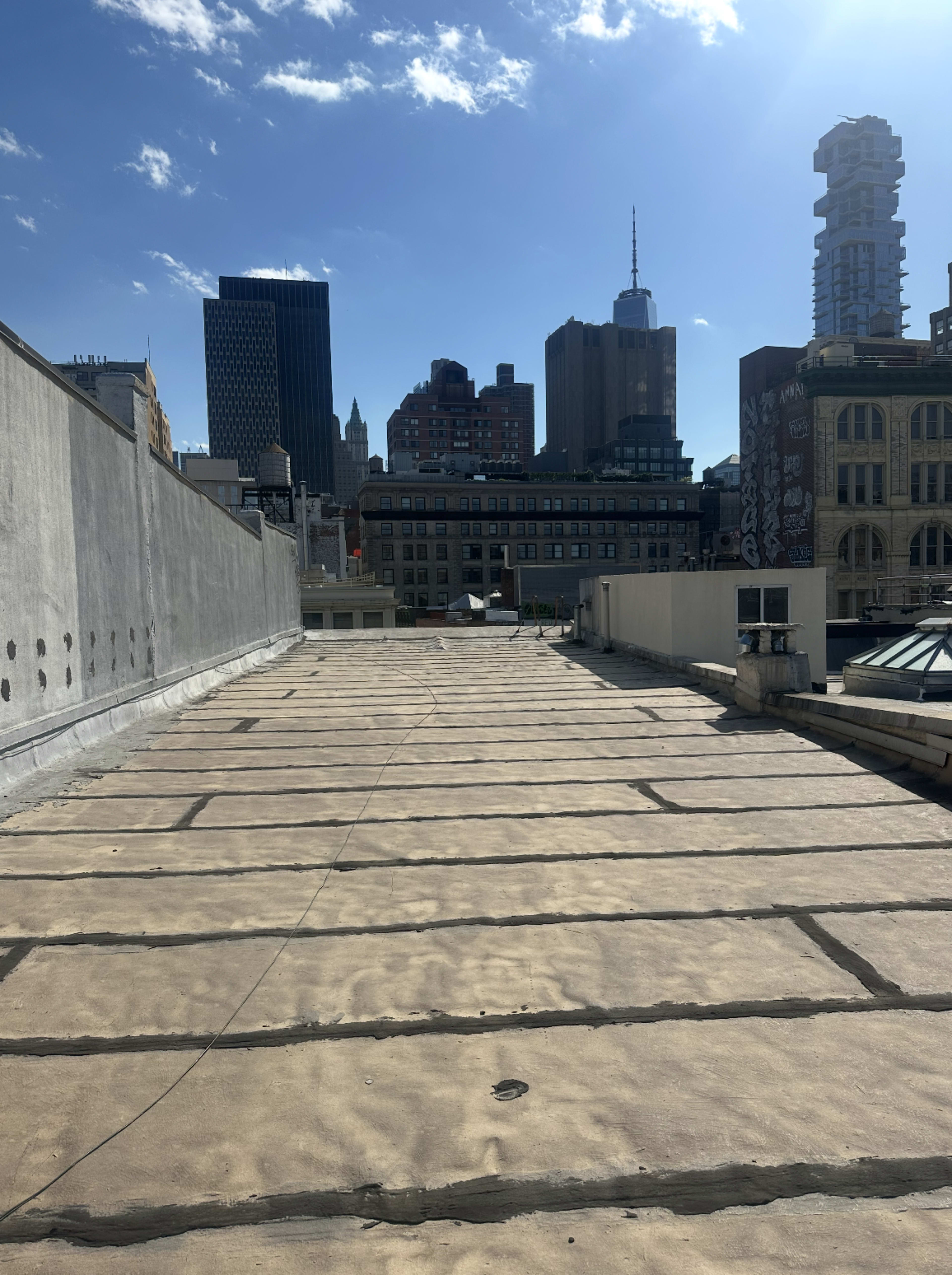 The image shows a flat rooftop with visible seams and a skyline of buildings in the background, including skyscrapers and a tower.