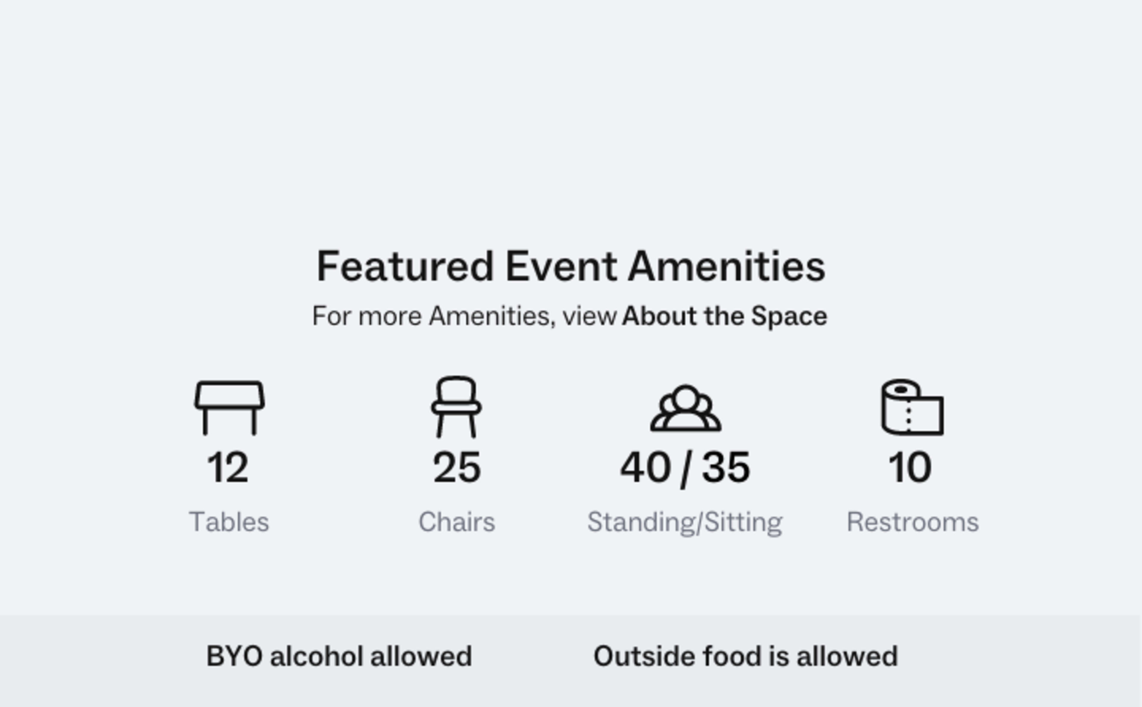 Featured event amenities, including 12 tables, 25 chairs, a capacity of 40 standing or 35 sitting, and 10 restrooms, along with information about BYO alcohol and outside food being allowed.