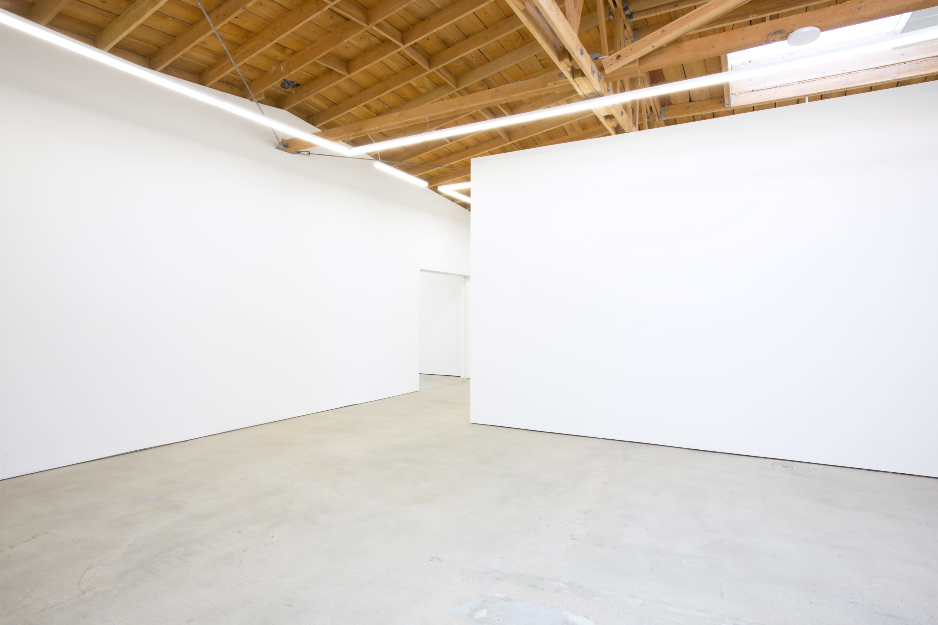 The image shows a spacious, empty gallery with white walls and a wooden ceiling illuminated by overhead lights.