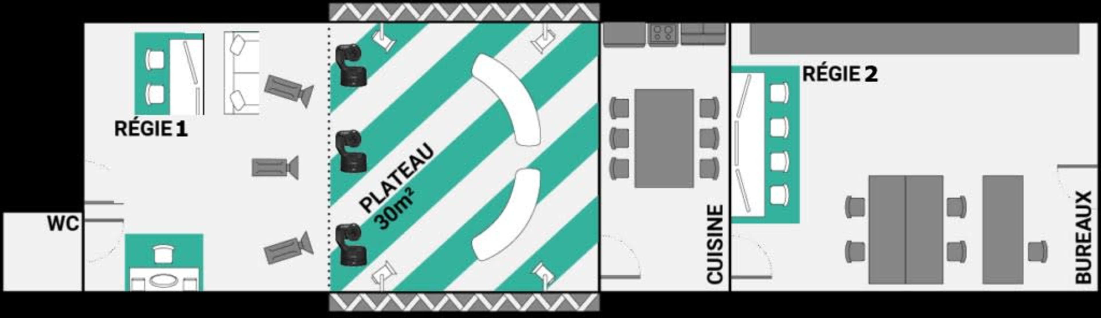 The layout diagram features a space divided into a central plateau area, two régies (control rooms), a kitchen, and offices, with clear labeling of each area.