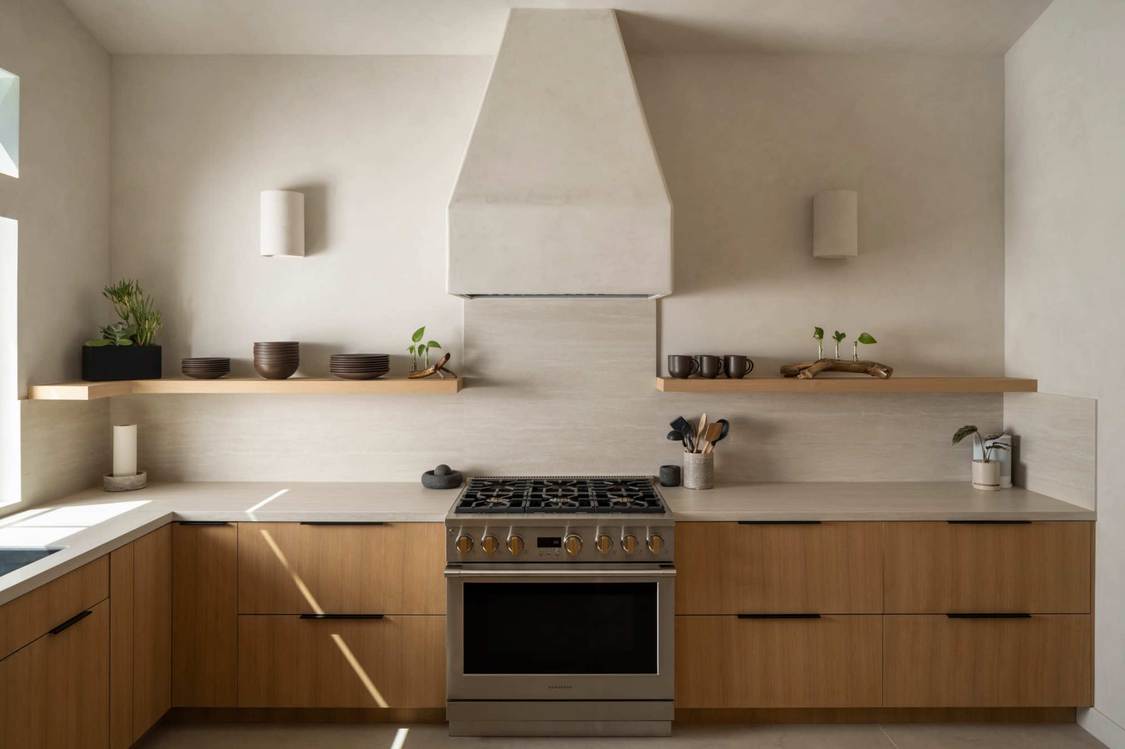 The image depicts a modern kitchen featuring wooden cabinets, a large stainless steel range, and floating shelves with minimal decor.