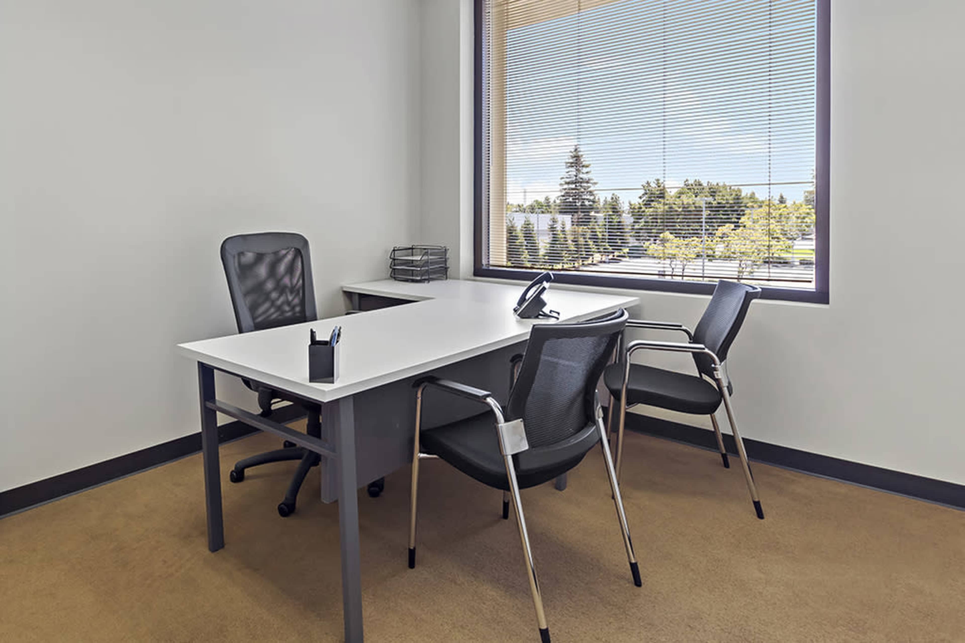 The image shows a minimalistic office space featuring a desk, two chairs, a telephone, and a large window with blinds, overlooking a tree-filled exterior.