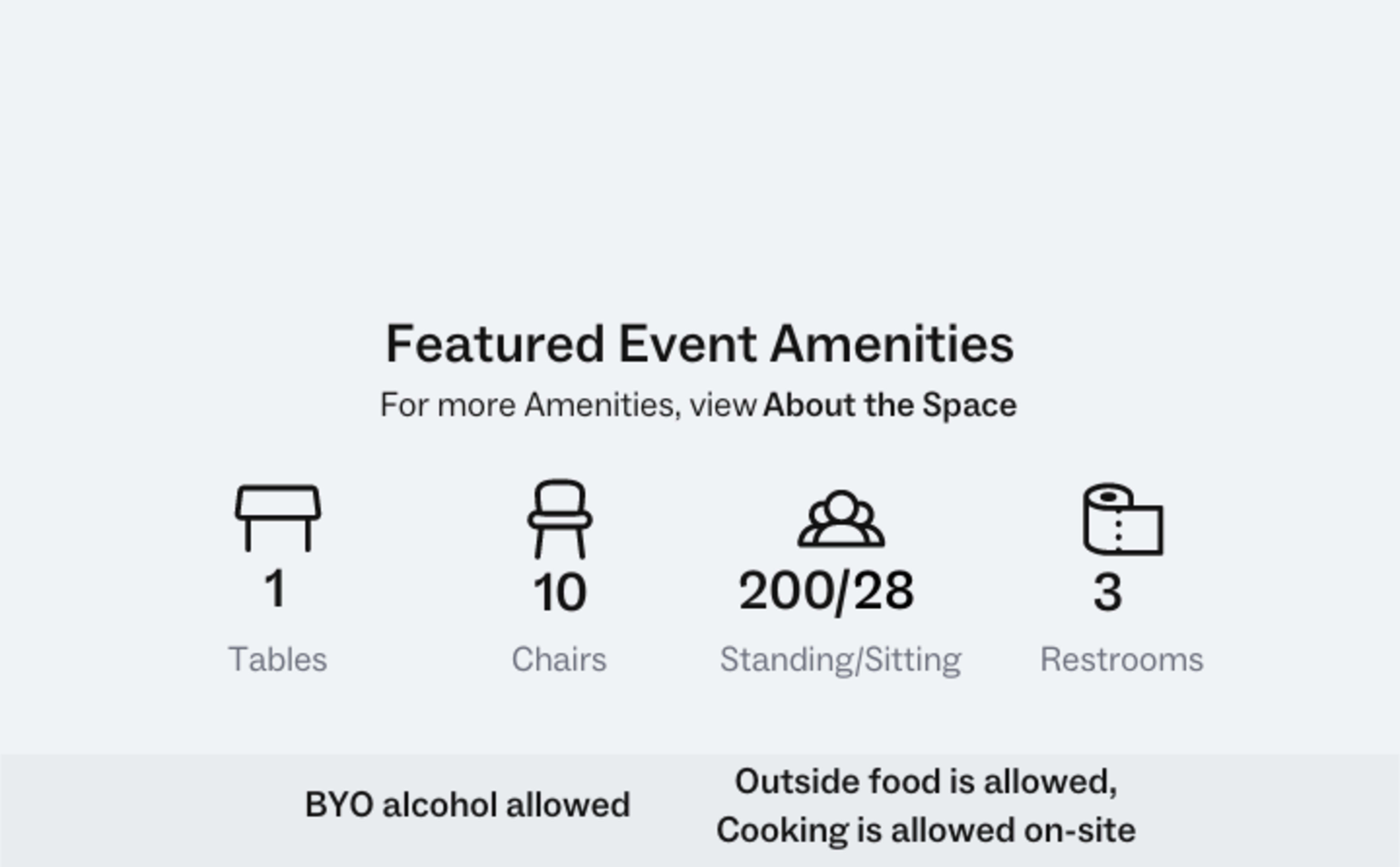 The image lists event amenities, including 1 table, 10 chairs, a capacity of 200 standing or 28 seated, and 3 restrooms, with allowances for BYO alcohol and on-site cooking.