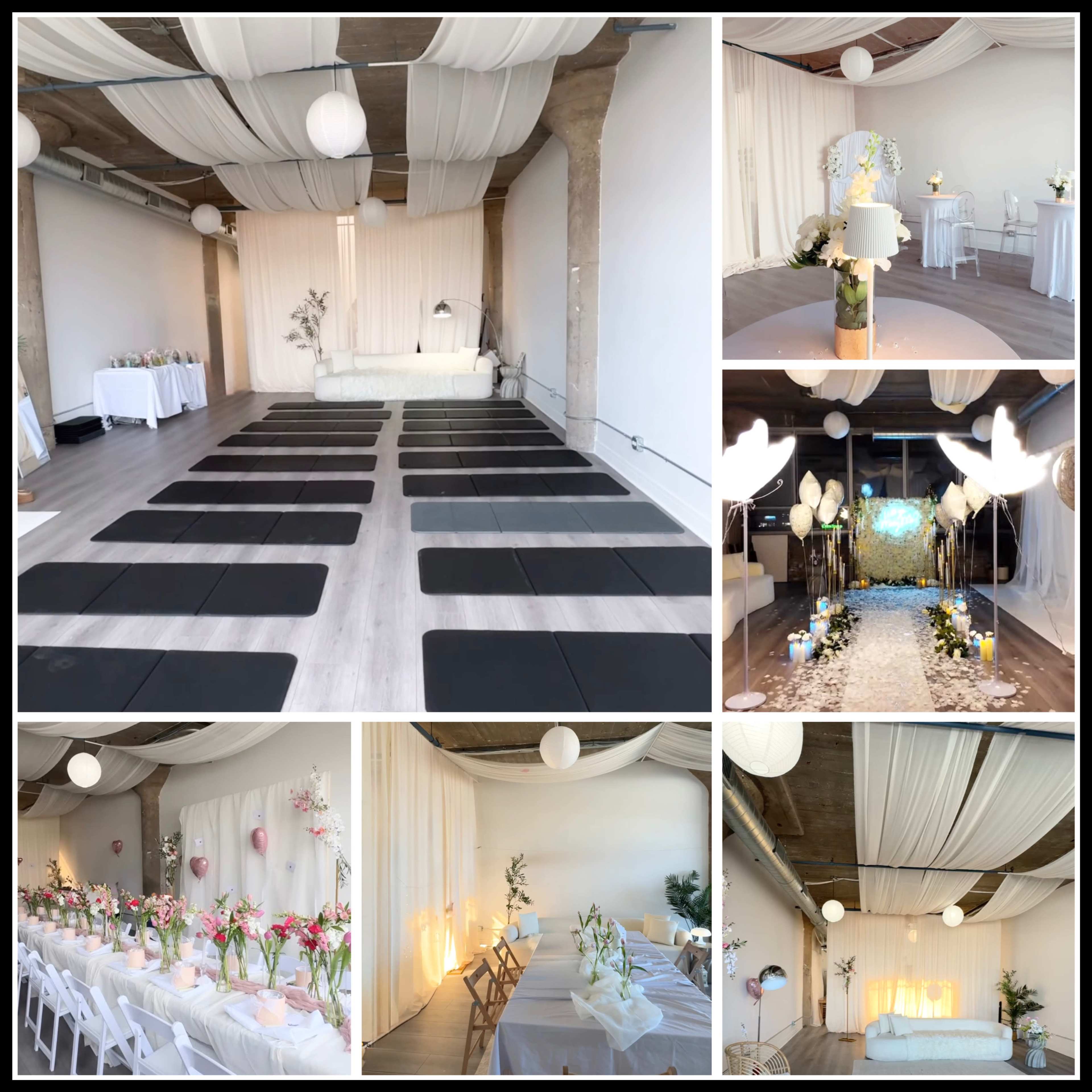 The image shows a spacious, elegantly decorated venue featuring yoga mats arranged in rows, tables set for dining, and soft lighting adorned with draped fabric and floral centerpieces.