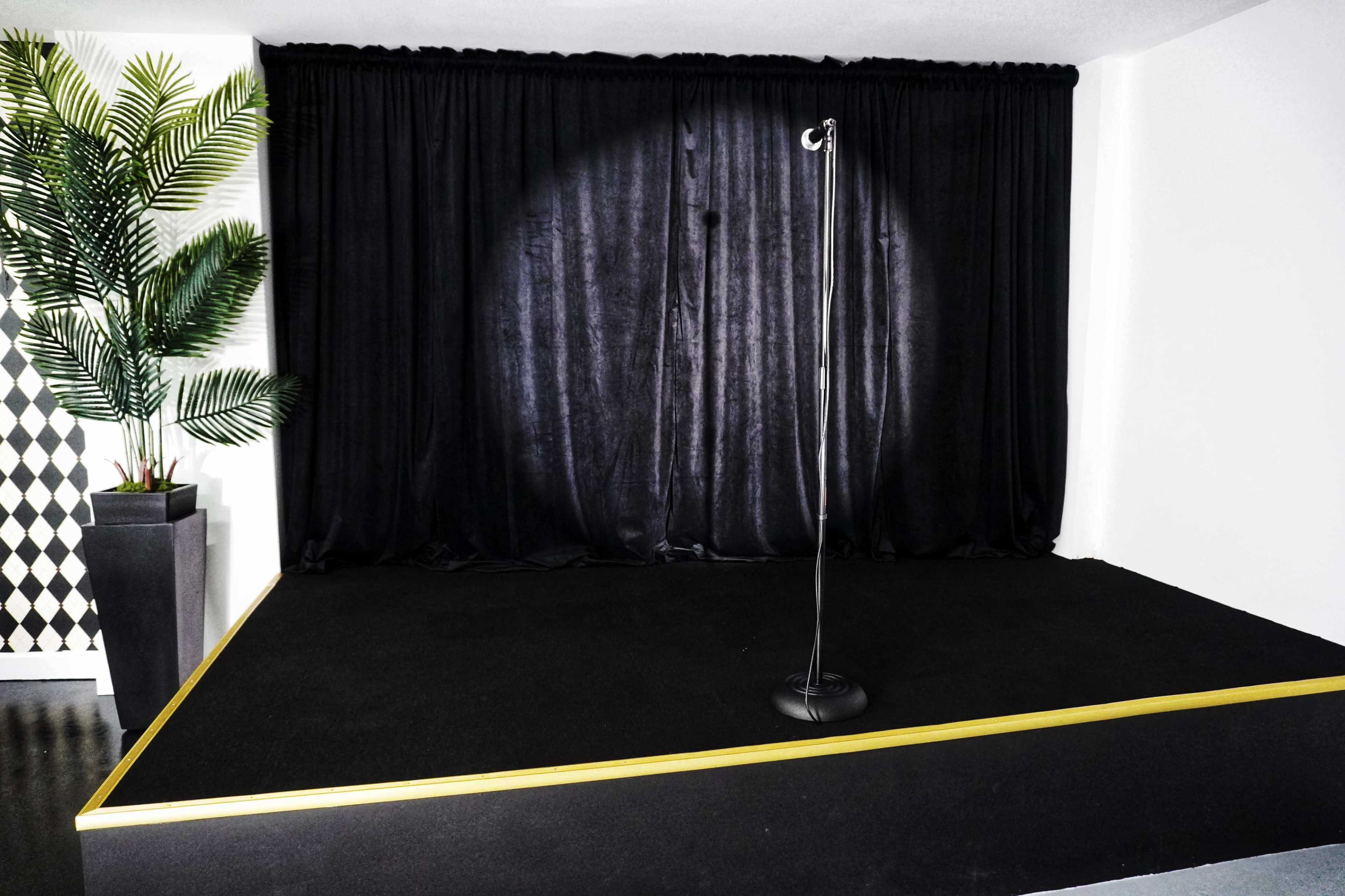 The image shows a small performance stage with a microphone stand on a raised platform, surrounded by a black curtain and a decorative plant.