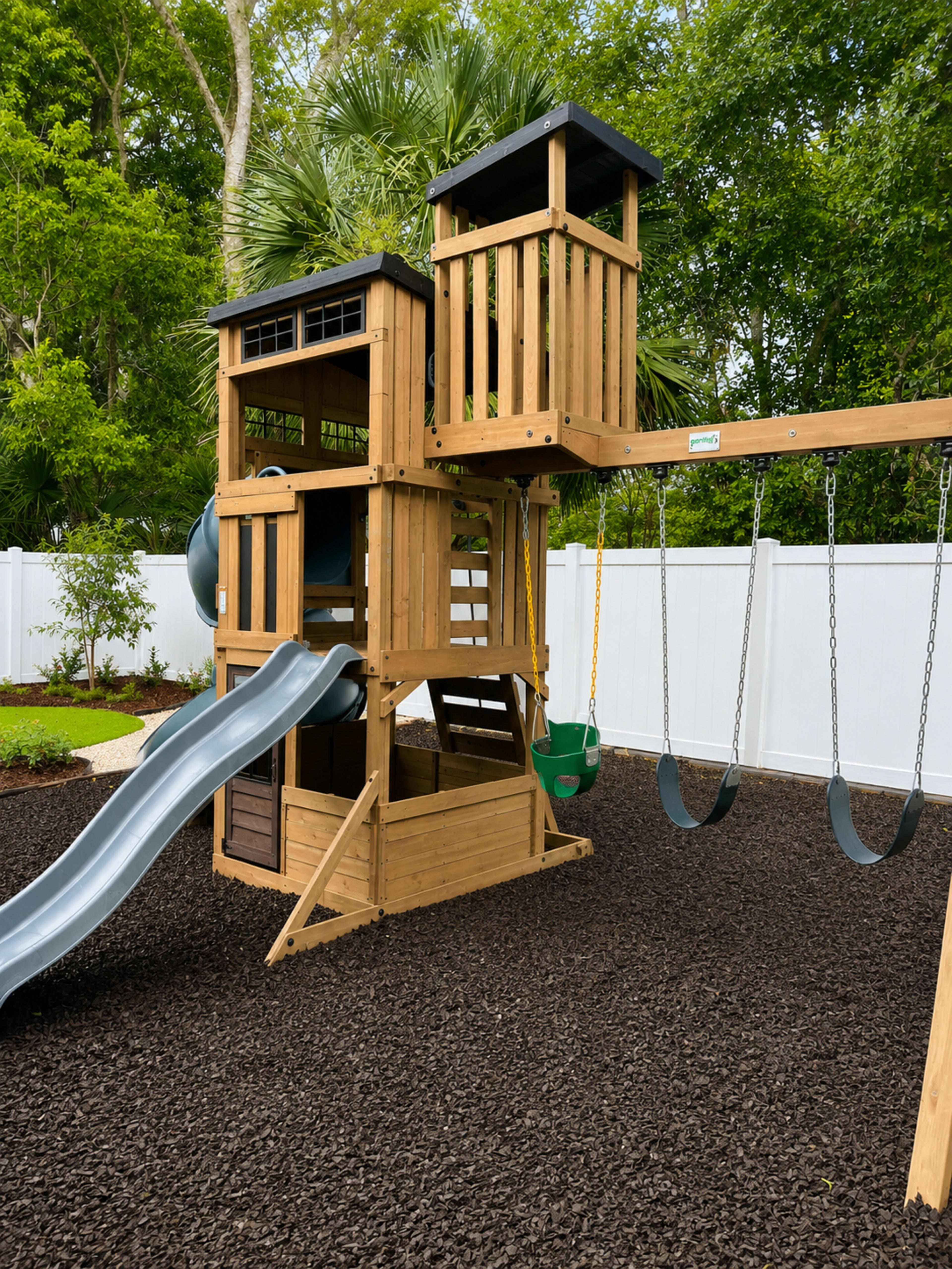 The image shows a wooden playground structure featuring a slide, swings, and a sand area, surrounded by a white fence and greenery.