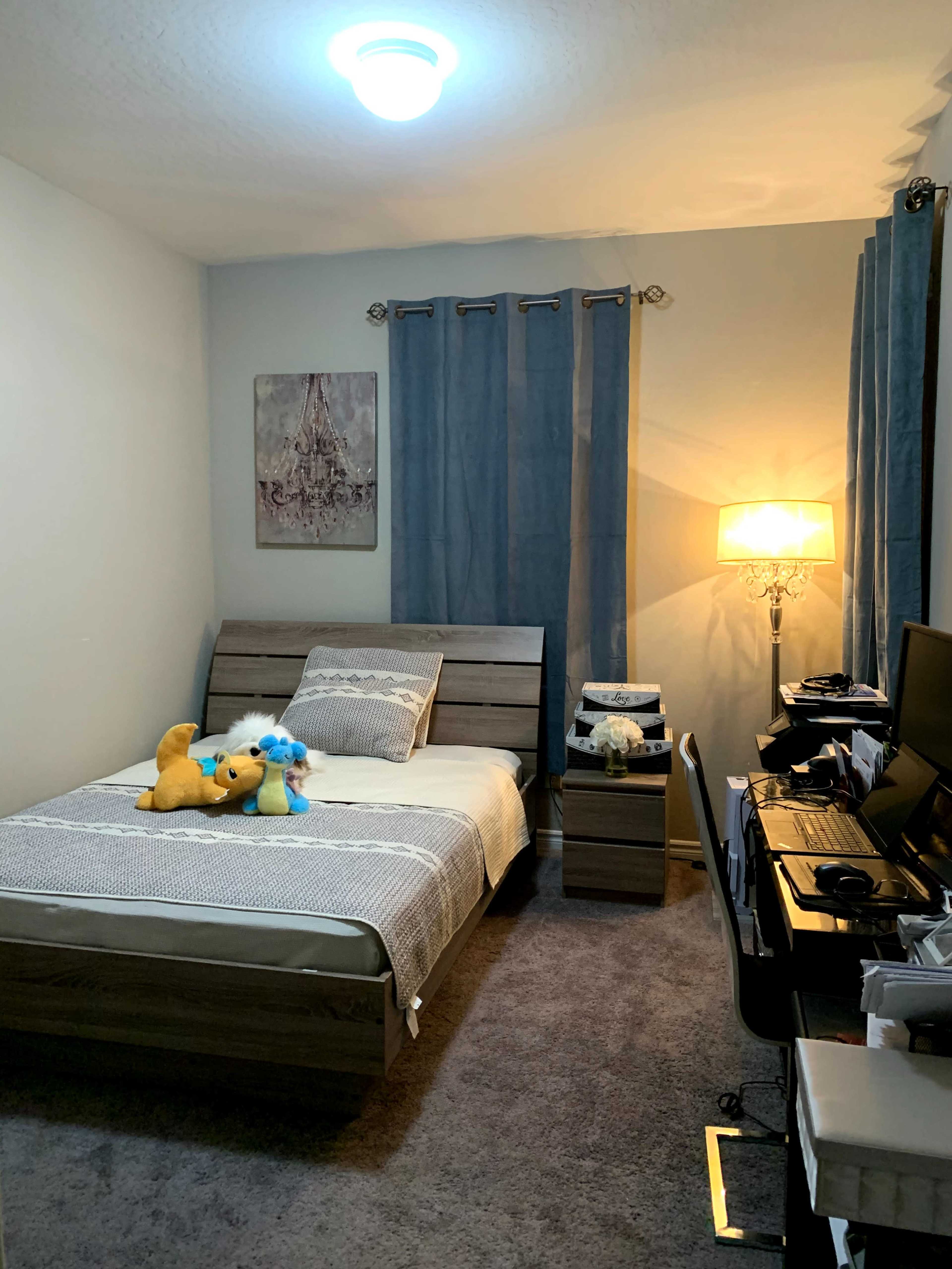 A cozy bedroom with a single bed, a nightstand, a lamp, a computer desk, and blue curtains.