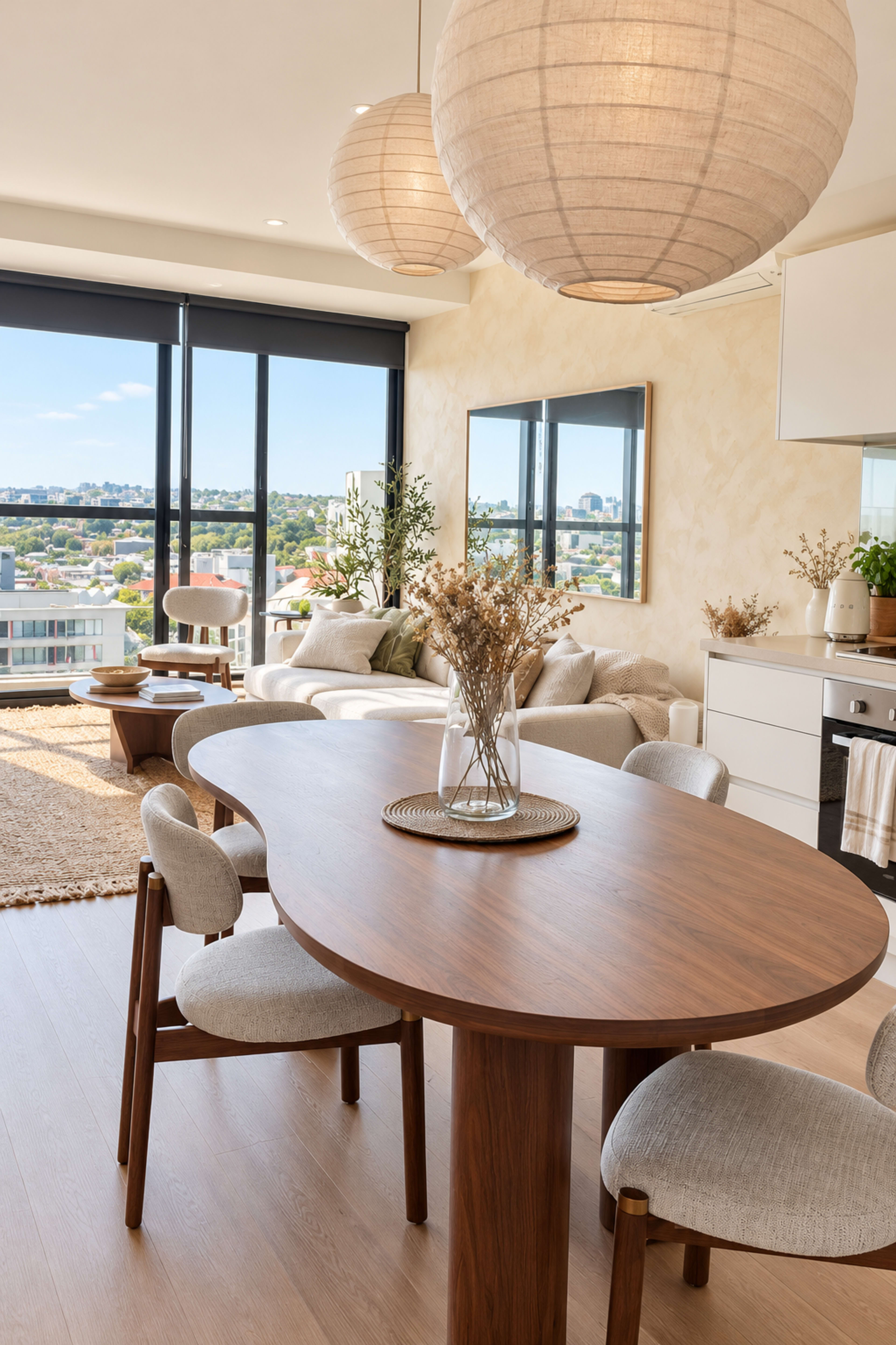 A modern dining area features a large wooden table surrounded by upholstered chairs, with a view of the city through large windows.