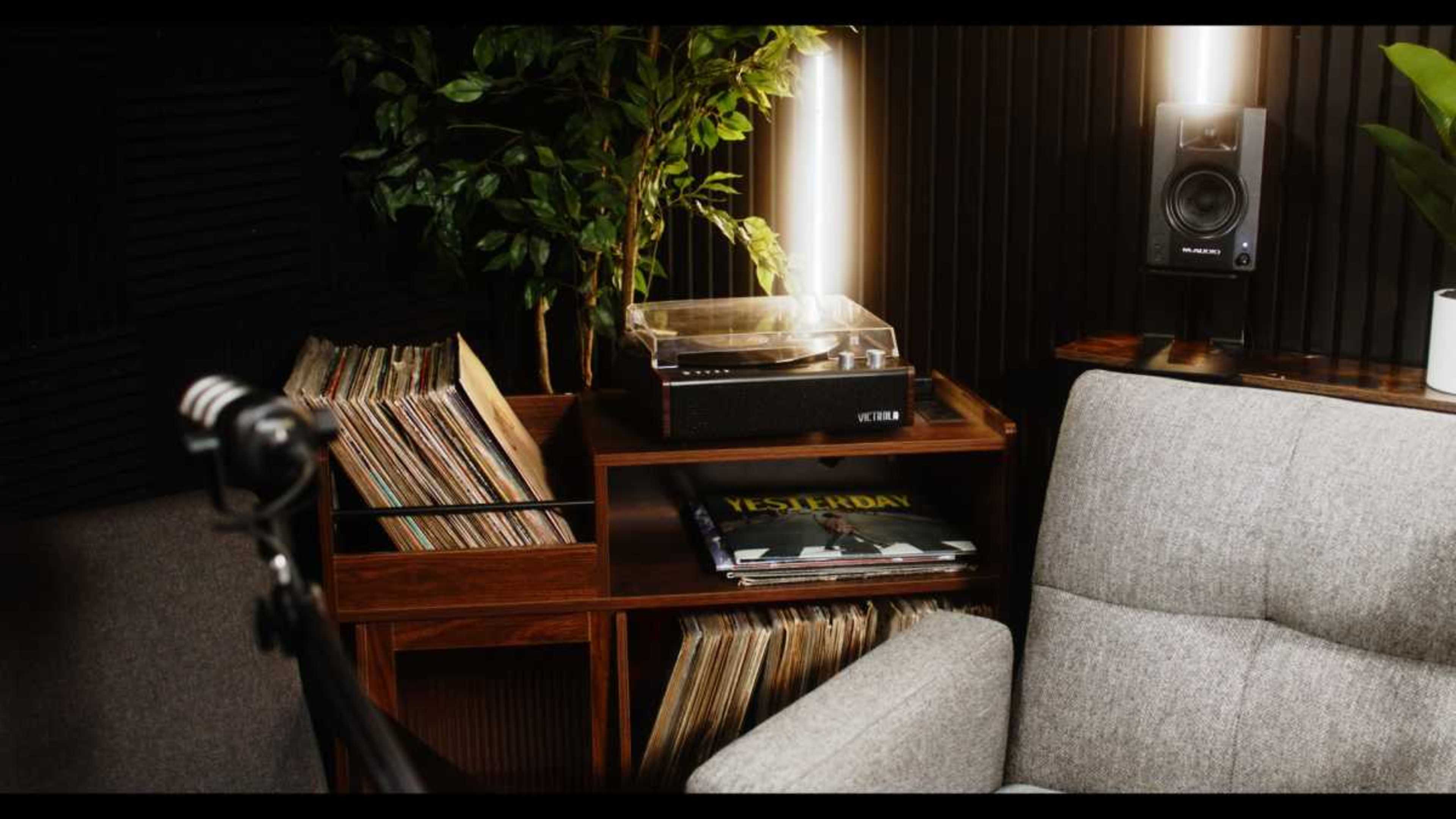 The scene features a wooden shelf filled with vinyl records, a turntable on top, and a gray upholstered chair beside speakers and a potted plant.