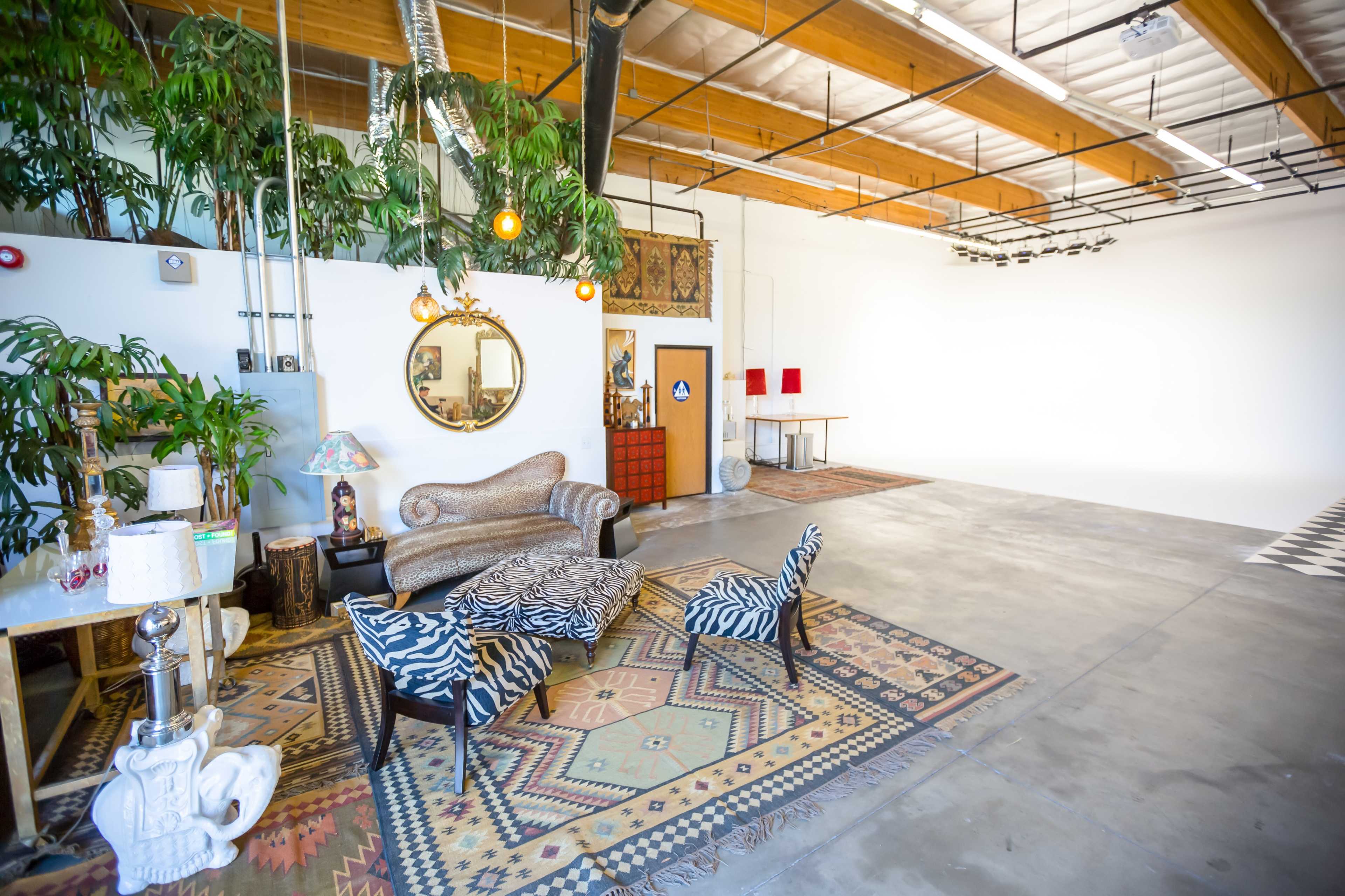 A spacious indoor area with a patterned rug, a dark couch, zebra print chairs, large plants, and a wooden table against a brightly lit wall.
