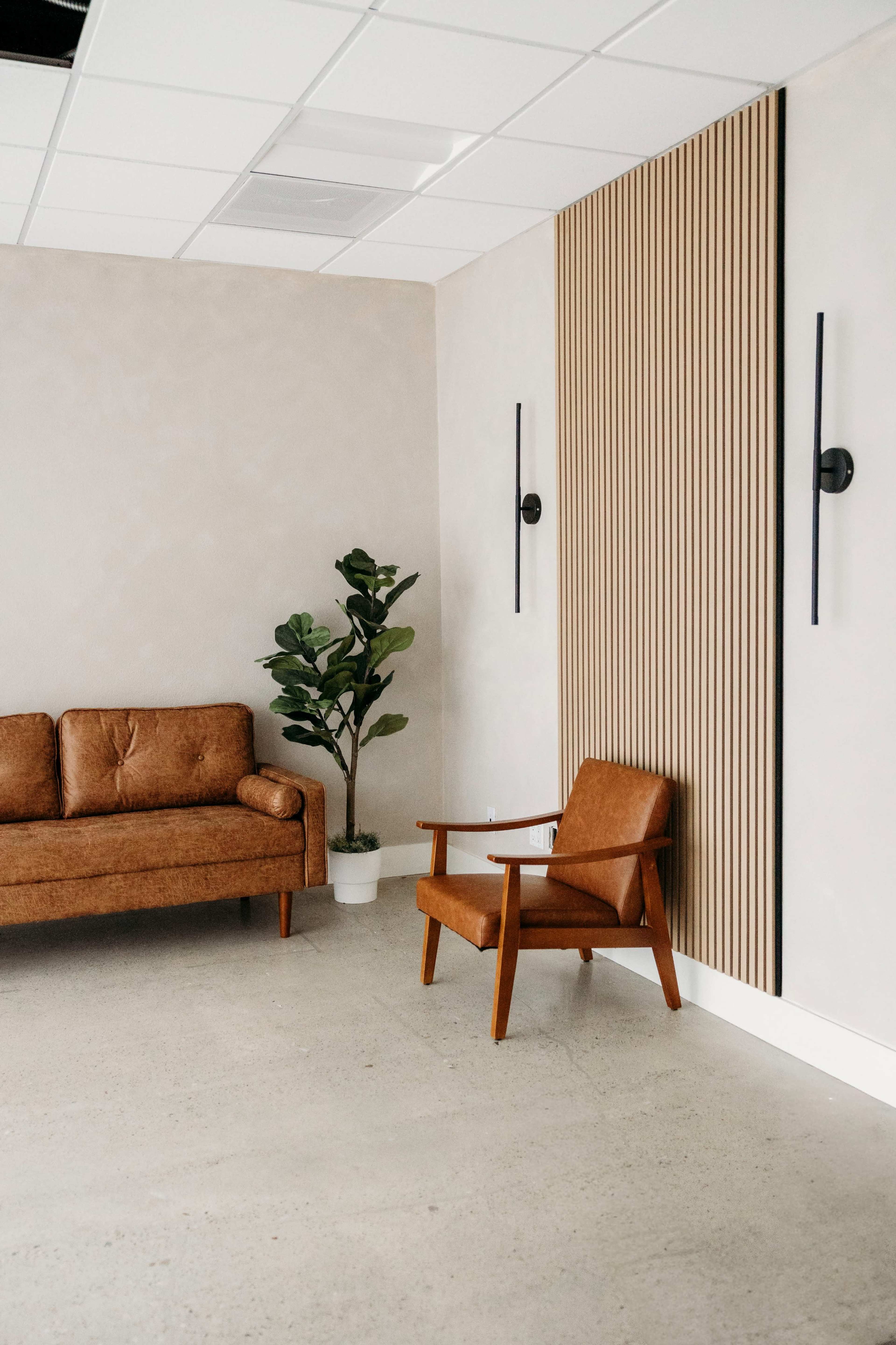 The image shows a minimalist interior room with a brown leather sofa, a wooden chair, a tall plant in a pot, and a textured wall panel.